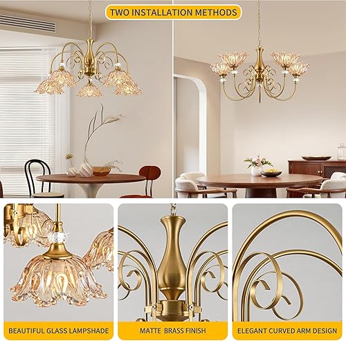 Miniatura 2 de 5-Light Vintage Chandeliers in Matte Brass Finish with Amber Glass Shades, Retro Chandelier Light for Dining Room,Hallway,Kitchen