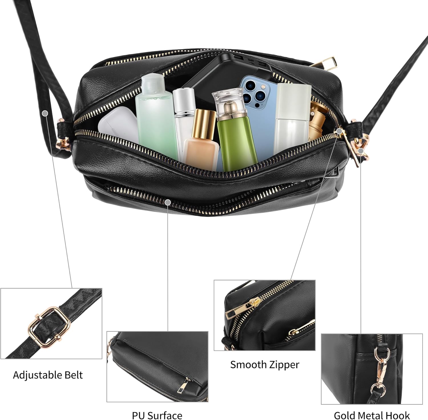 VOROLO Crossbody Bag Small Leather Triple Zip Crossbody Purse Shoulder Bag with Ajustable Strap for Women Matte Black - Image 4