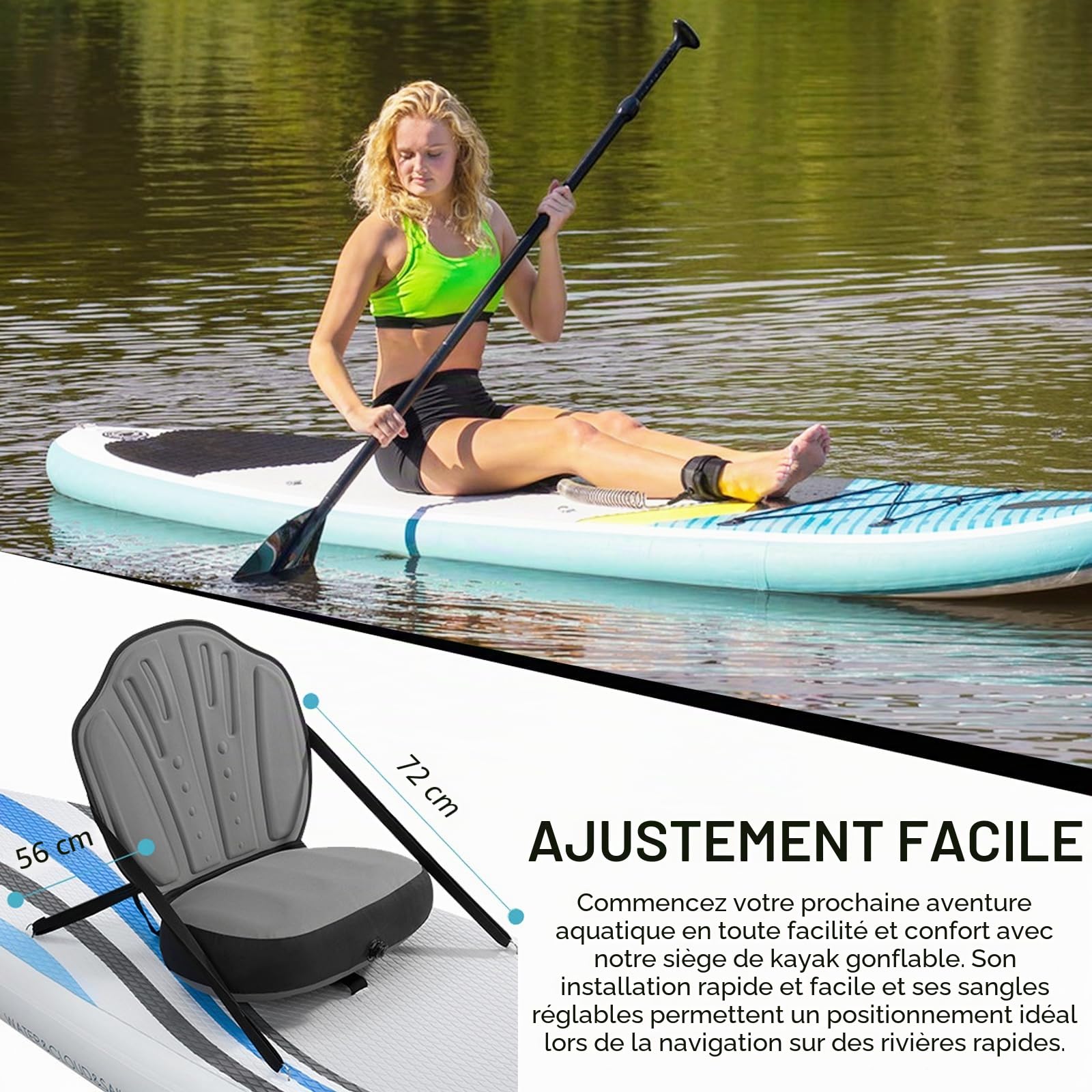Siège de Paddle Gonflable, Coussin de Siège de Kayak, Siège de Kayak Universel pour Stand Up Paddle - Siège de Kayak Confortable Réglable Siège de Sup pour Bateaux Gonflables Amateurs de Pêche