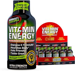Vitamin Energy Workout+ Extra Strength Energy Shot Sour Apple 10 Pack, 260mg Natural Caffeine, Pre-Workout, B-Vitamins, Minerals, Endurance & Performance, Zero Sugar, Gluten-Free, Vegan, 1.93 fl oz
