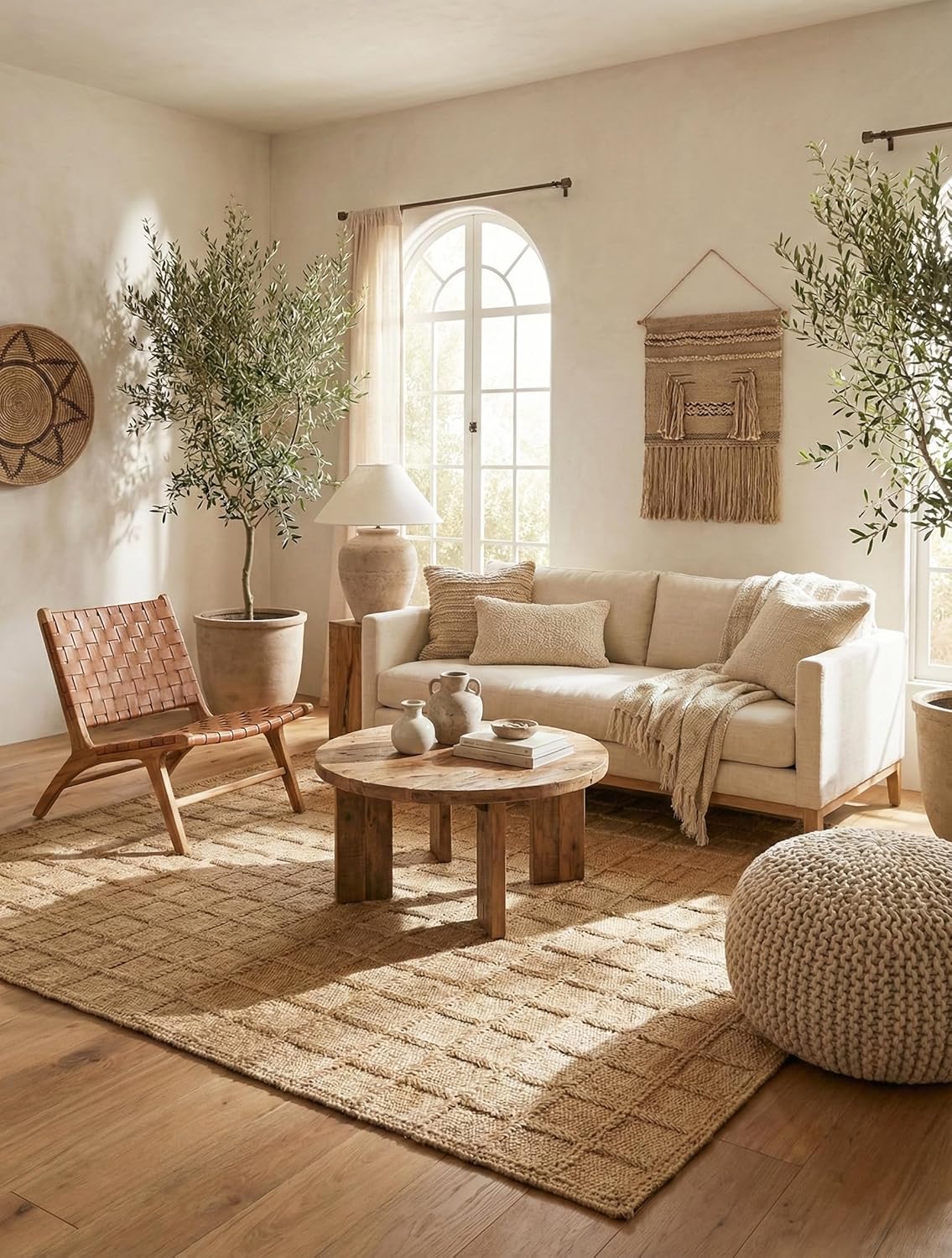 Block Grid Jute Area Rug, Natural, 8'x10' Checkered, Boho, Handwoven, Natural Fiber, for Living Room, Bed Room, Hallway, Kitchen