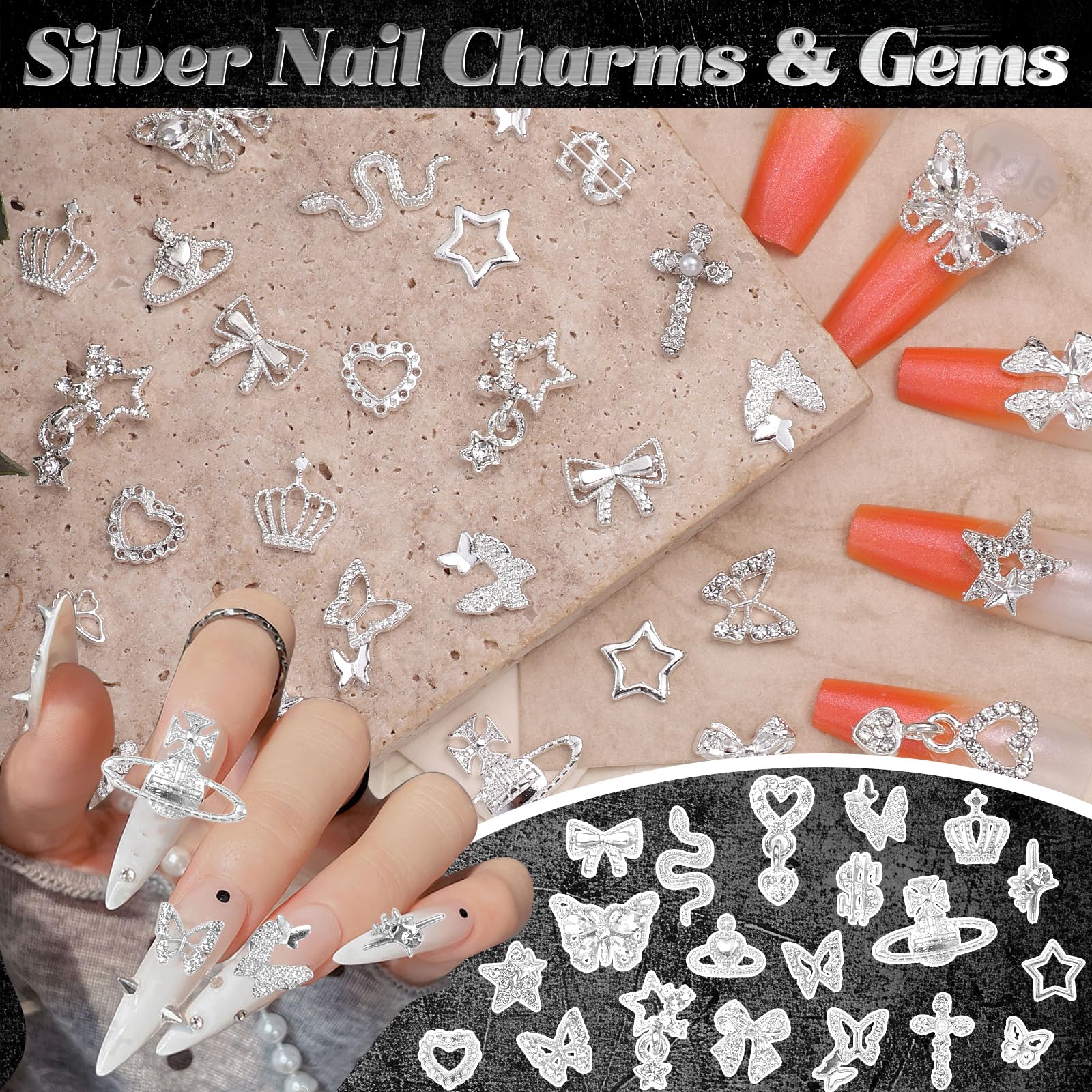 Ciondoli 3D in metallo dorato per unghie, perline dorate con retro piatto, rivetti e unghie, a forma di cuore, farfalla, stella, dollaro, in lega, per nail art in acrilico, design fai da te