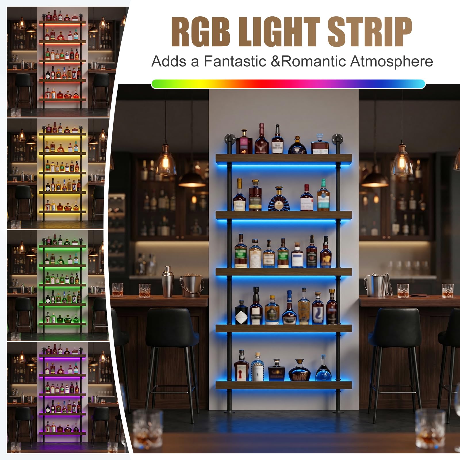 MSFE Portabottiglie da Parete con Luce LED 5 Livelli Portabottiglie in Metallo e Legno Massello Da Vino Industriale Portabottiglie con Ripiano Espositivo per Casa, Bar, Ristorante 20x100x180CM