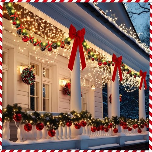 Miniatura 7 de Guirnalda de valla de Navidad para exteriores de 100 pies con luces, lazo rojo grande, bolas de Navidad, cono de pino, decoración de valla de
