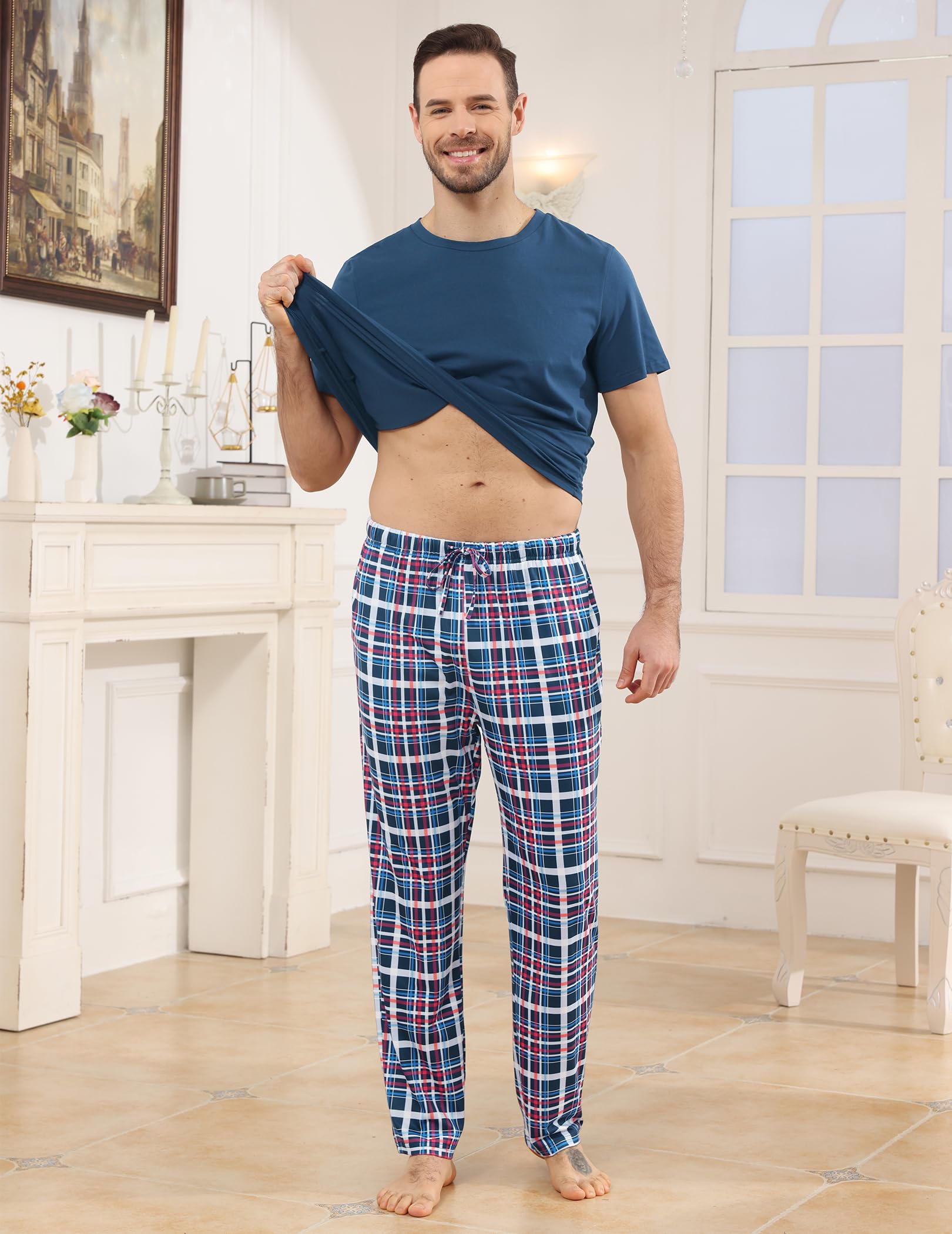 Pijama Hombre Largo Algodon Verano, Dos Piezas Ropa de Dormir, Conjunto Camiseta Manga Corta y Pantalones de Cuadros con Bolsillos, Ropa de Casa Suave Cómodo S-XXL