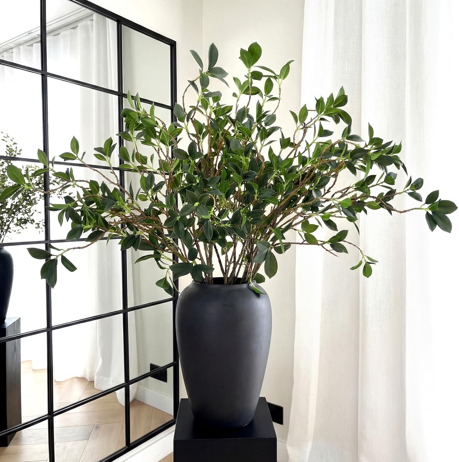 Suncalla 6 Pcs Artificial Greenery Stems 28 Inch Tall Faux Bay Leaf Branches Spring Fake Greenery Plants Plastic Bay Laurel Stems for Vase Filler, Wedding Table Centerpieces, Neutral Modern Home Decor