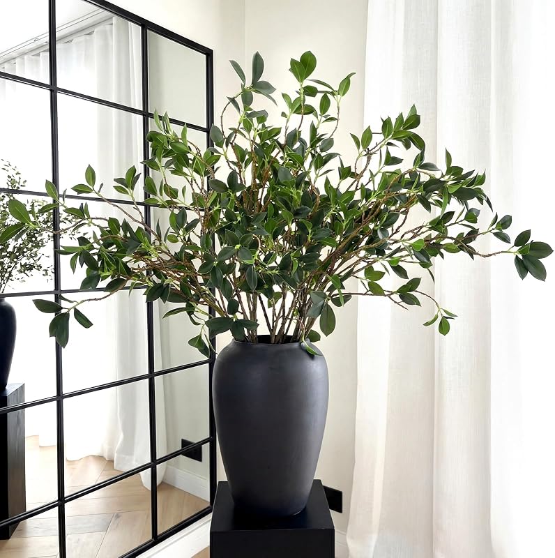 6 Pcs Artificial Greenery Stems 28'' Tall Faux Bay Leaf Branches | Summer Fake Greenery Plants Plastic Bay Laurel Stems for Vase Filler, Wedding Table Centerpieces, Neutral Modern Home Decor