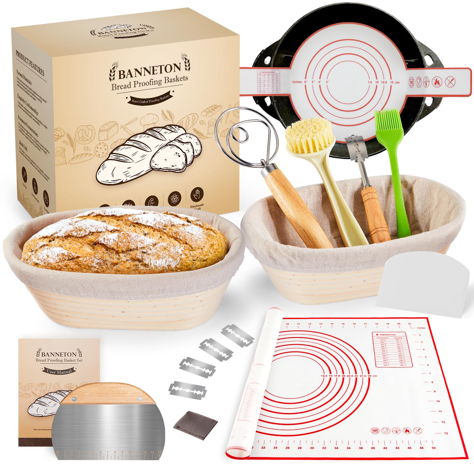 Banneton Brotgärkörbchen – Sauerteig-Starter-Set enthält 25,4 cm ovales Banneton Sauerteig-Gärkörbchen Set mit 2 Sauerteig-Brot-Backzubehör für die Herstellung von Backgärung