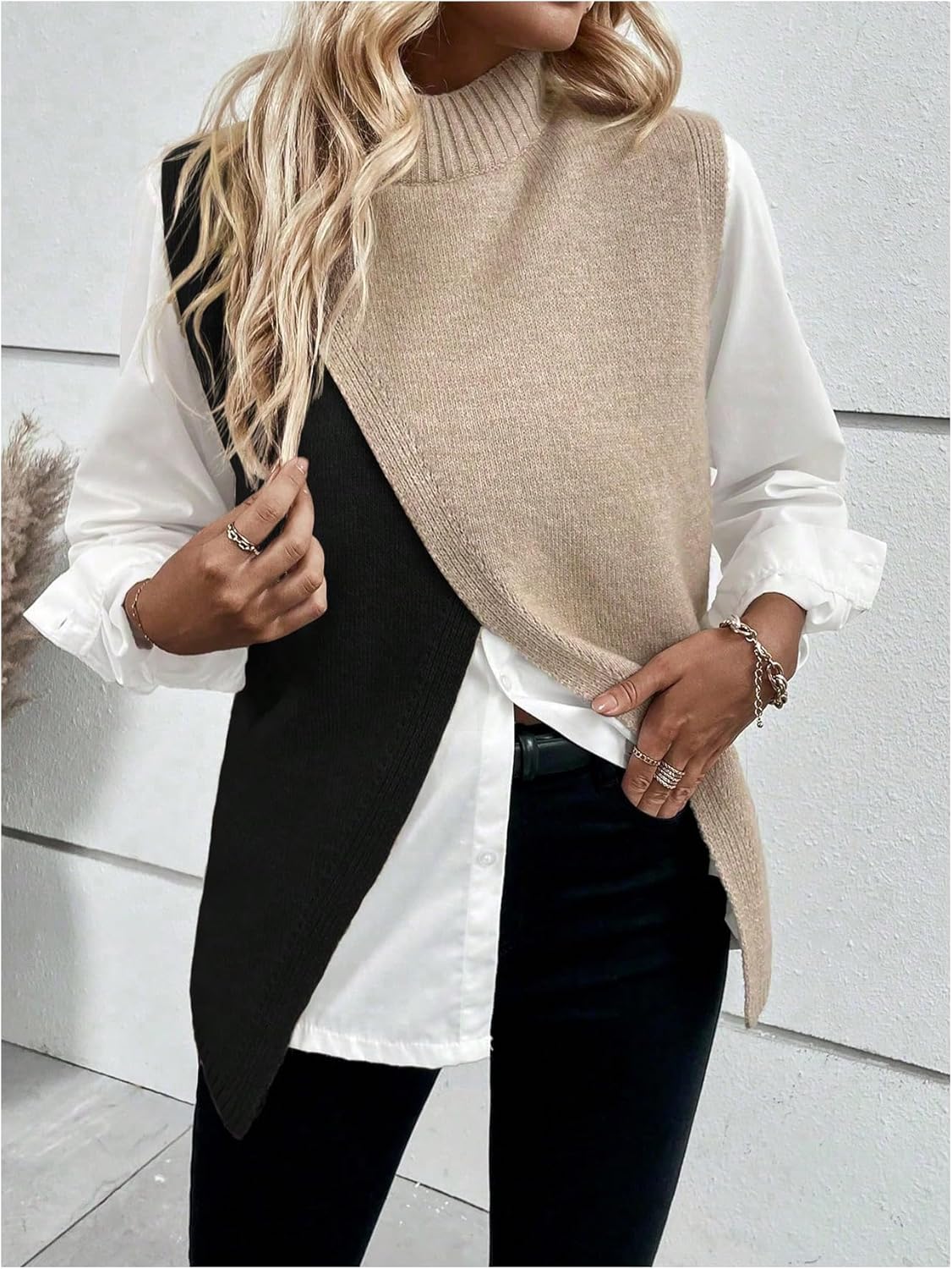 MakeMeChic Women's Sweater Vest Mock Neck Colorblock Wrap Sleeveless Split Hem Fall Tops - Image 3