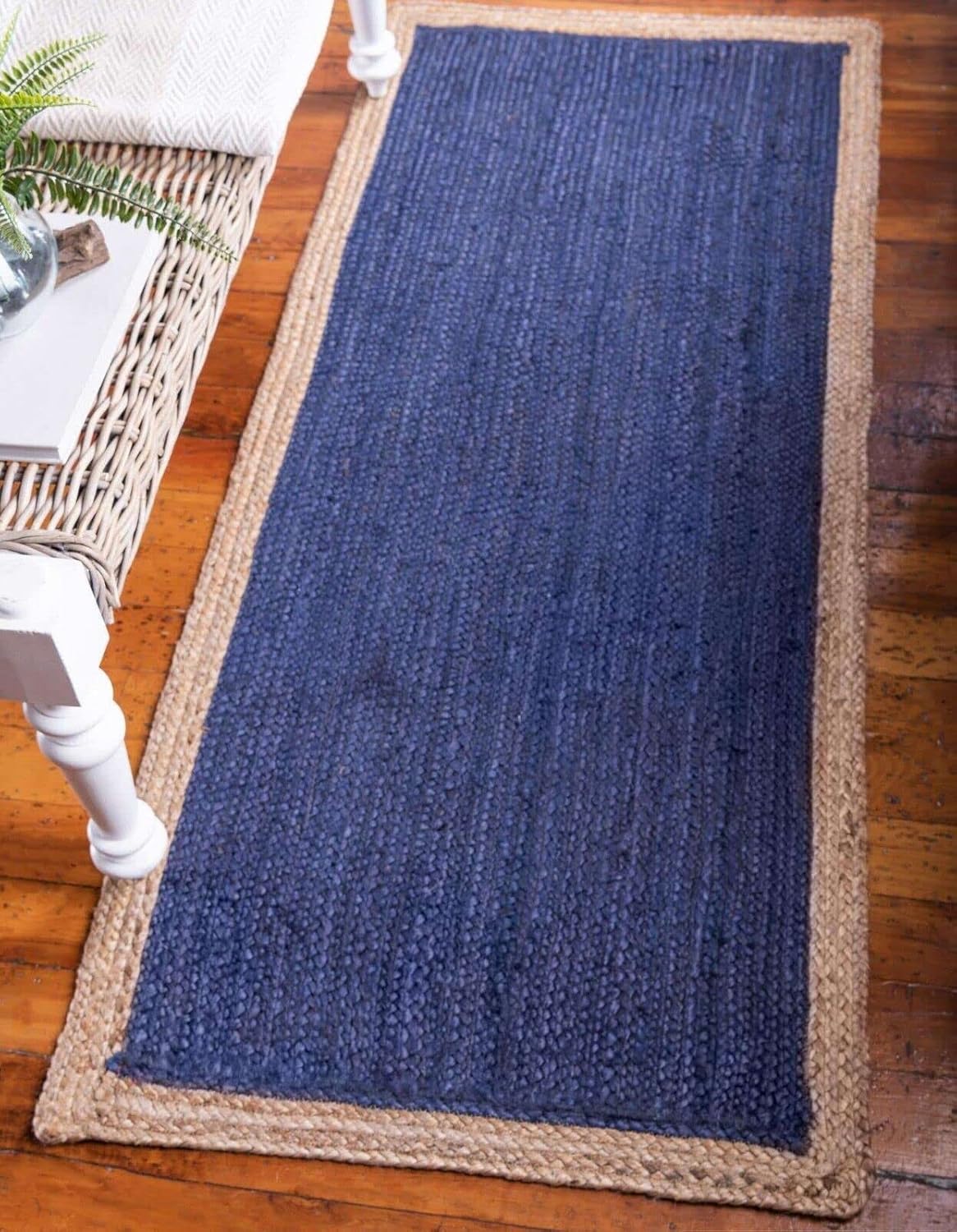 Rug Blue Dye Beige Border Braided Rug Rectangle Shape Handmade Natural Fiber Area Carpet Kitchen Hallway Rugs For