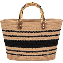 Tote Bag Summer Beach Bag Retro Handwoven Handbag with Imitation Bamboo Top Handle for Travel Beach Vacation, Khaki & Black ZJSWTTB01_HKTW-MHKJ