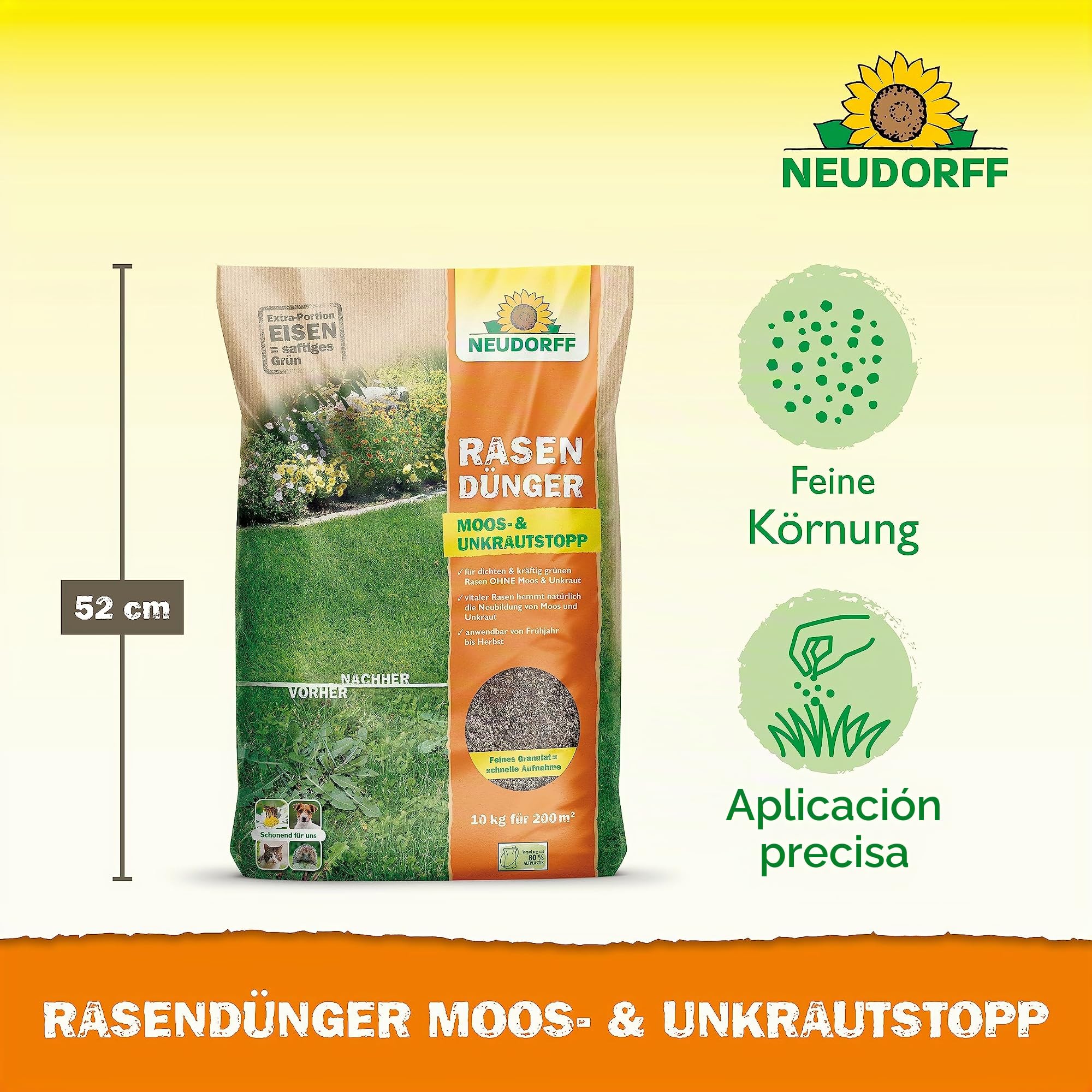 Neudorff Fertilizante para Césped Con Hierro y Potasio - Elimina Musgo y Malas Hierbas, Proporciona un Césped Denso y Verde - 10 kg para 200 m²