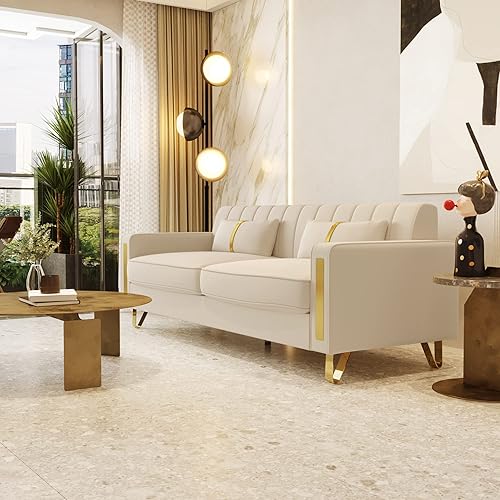 Miniatura 8 de DANGDAI - Sofá moderno de terciopelo de 85.63 pulgadas con patas de metal dorado, tapizado, de mediados de siglo, moderno, cómodo, de 3 plazas con