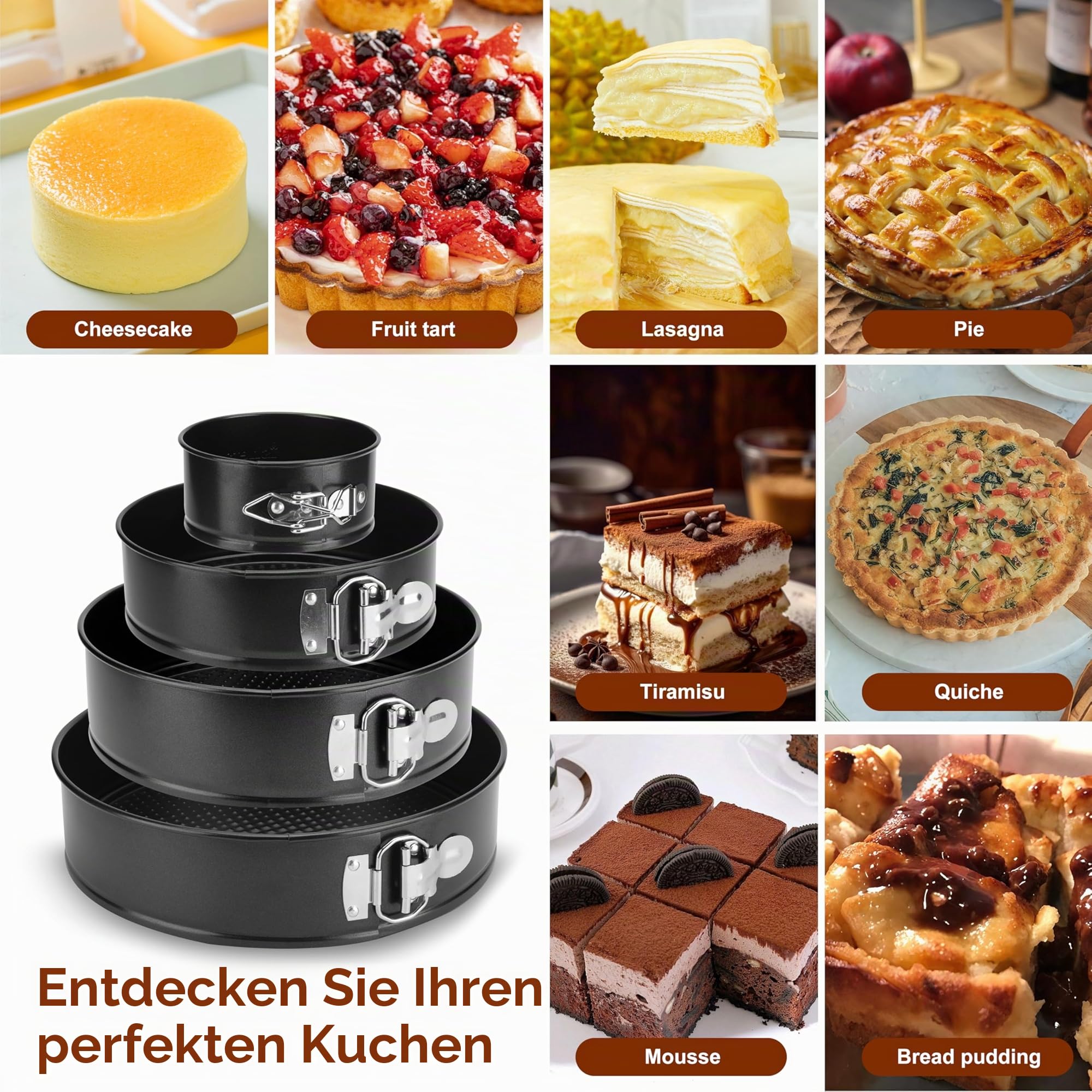 Springform, Set mit 4 Stück, Ø11/18/23/26cm, Backform, Profi-Kuchenform, rund, und Backutensilien, abnehmbarer Boden, antihaftbeschichtet, leakfest, verstellbar, Pizza und Quiches, Karbonstahl