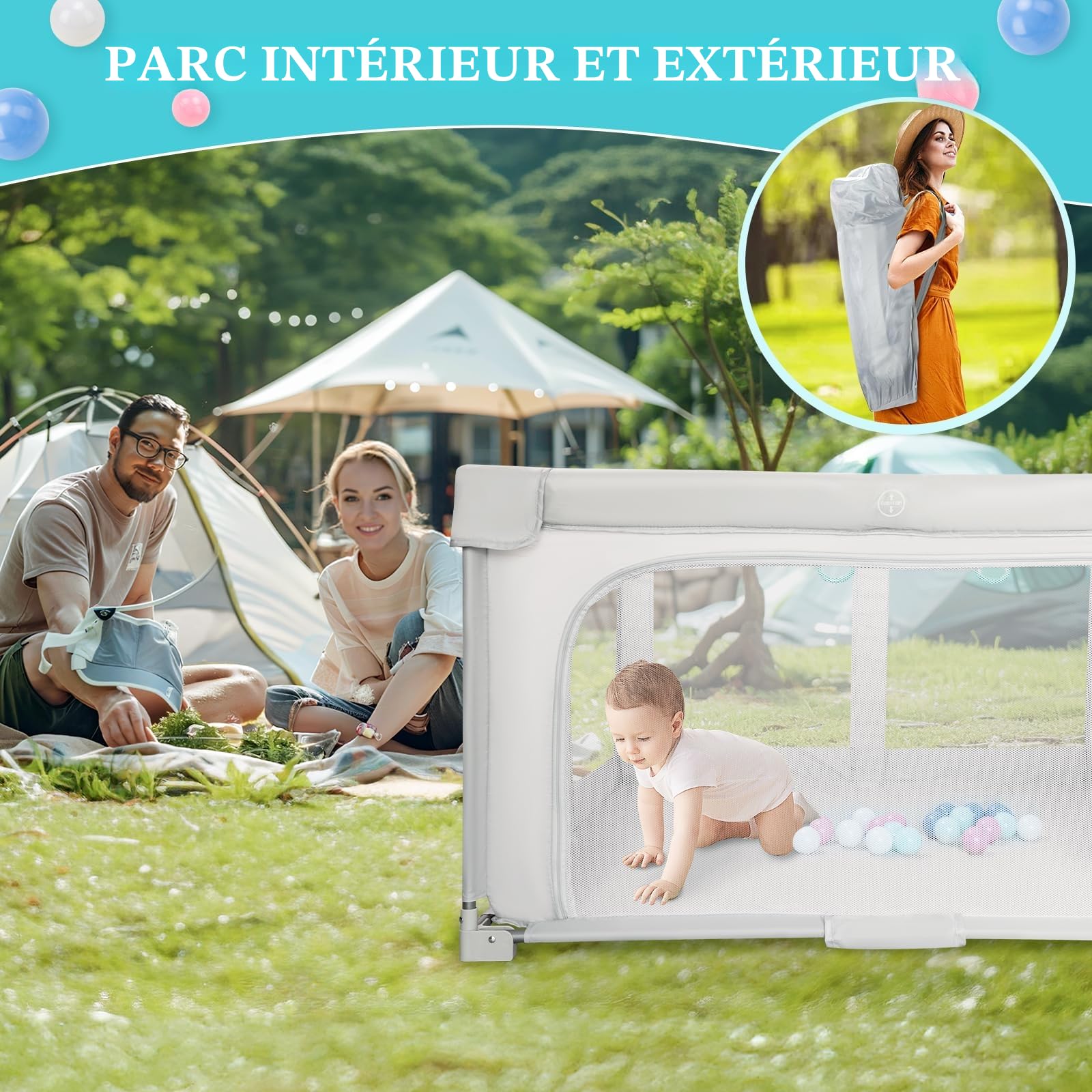 Parc Bebe Pliable 127x127cm - Parc Bébé for Indoor & Outdoor Baby Playpen Avec Portable Avec Sac de Voyage, 20 Boules Océaniques et 4 Poignées
