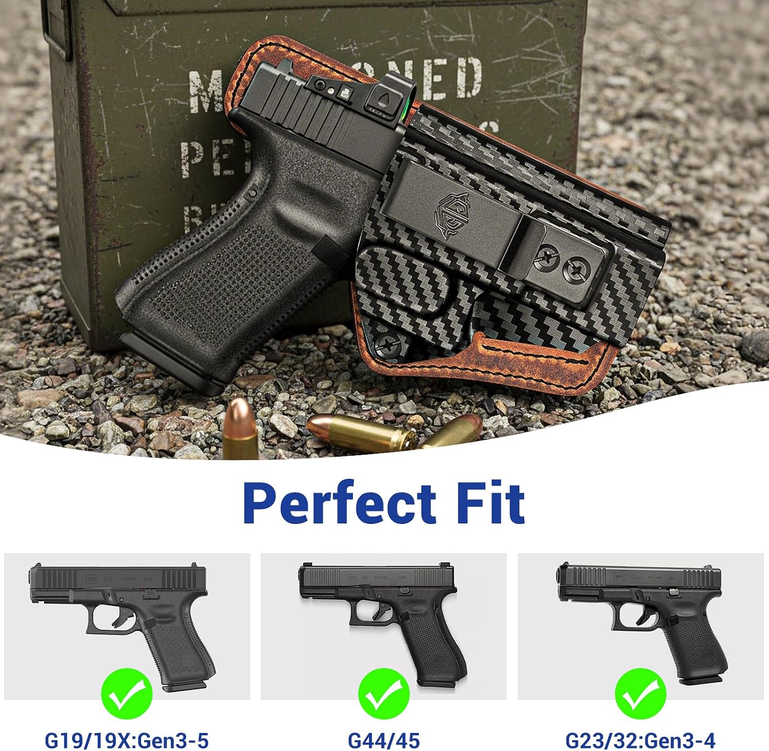 FUNANASUN IWB Holster for Glock 19 19X 45 | Carbon Fiber Pattern Kydex & Leather Hybrid | Optics Ready Concealed Carry | Adjustable Retention & Cant | Right Hand Inside Waistband