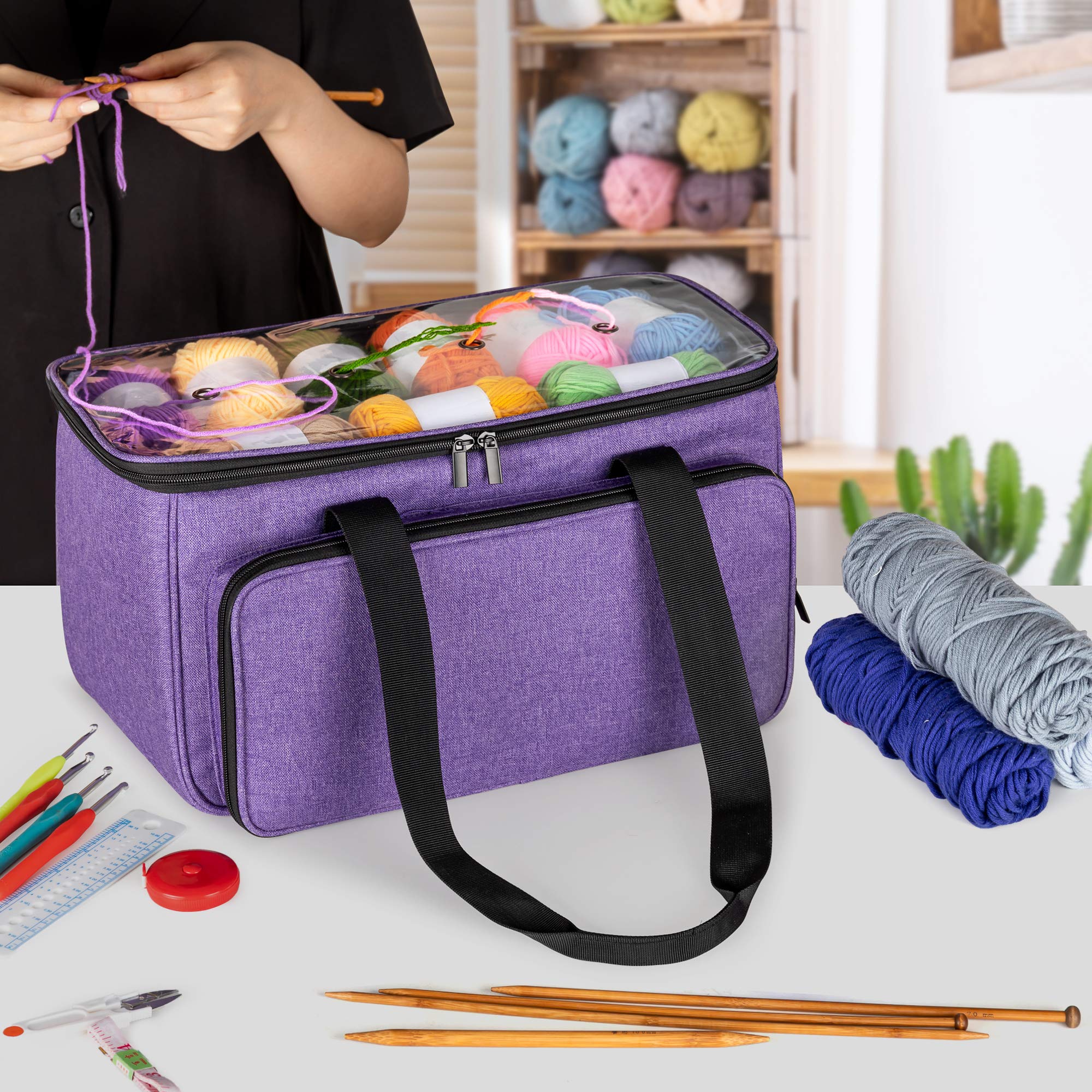 Yarwo Sac à Tricoter, Sac de Rangement pour Laine et Aiguilles à Tricoter, Organisateur avec Poches pour Projets Inachevés, Violet, Sac Vide
