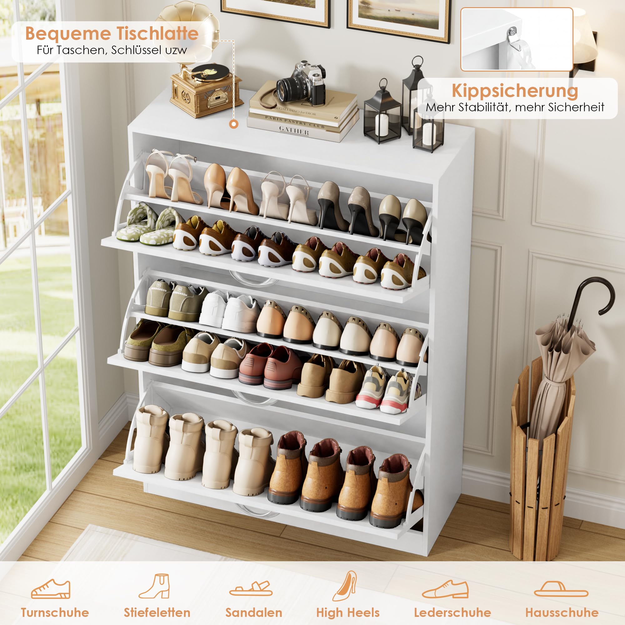 FirFurd Schuhschrank weiß mit Schuhkipper für 12-24 Parre, Schuhregal platzsparend für Schuhaufbewahrung schmaler Schuhschrank 80cm breit für Diele, Flur, Eingang 108x80x23,5cm