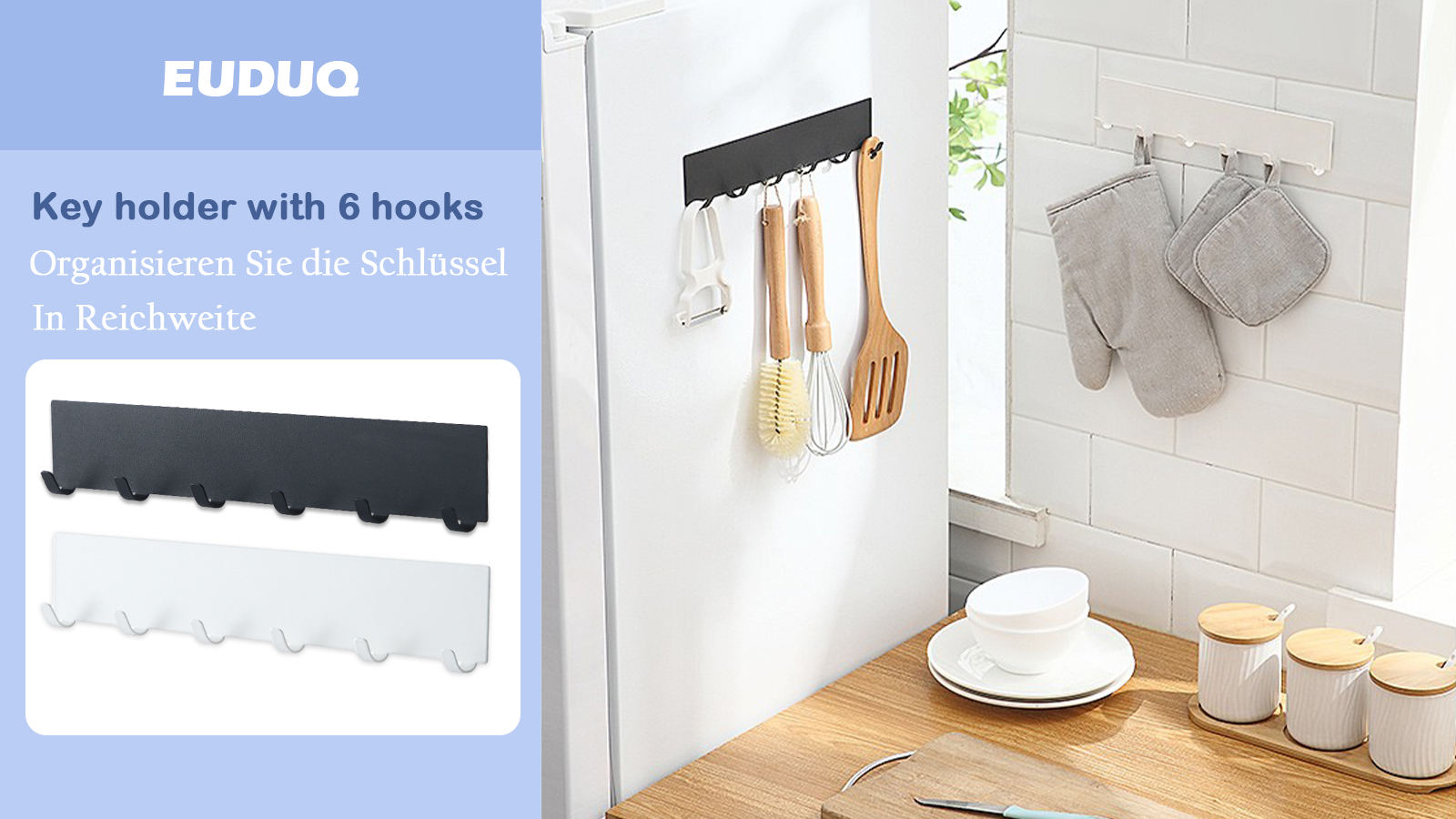 Portachiavi Da Parete EUDUQ - 2 Pezzi Con 6 Ganci, Autoadesivo, Per Chiavi E Oggetti (Nero/Bianco) - Foto 5