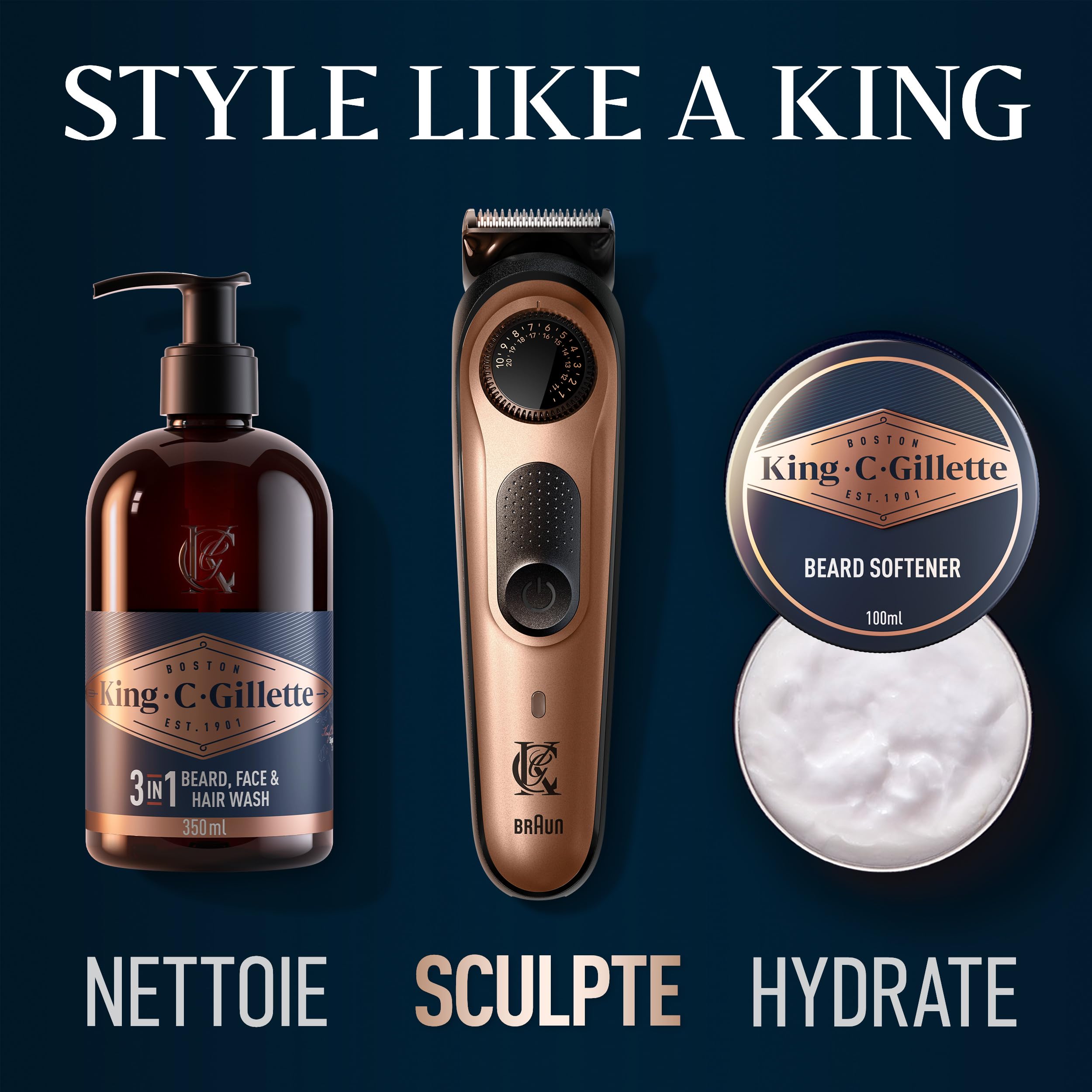 King C. Gillette Kit Barbe Homme, Tondeuse Electrique et 2 Soins Visage | 40 Longueurs, Lames Inusables en Métal, Coffret avec Mini Nettoyant et Baume Adoucissant