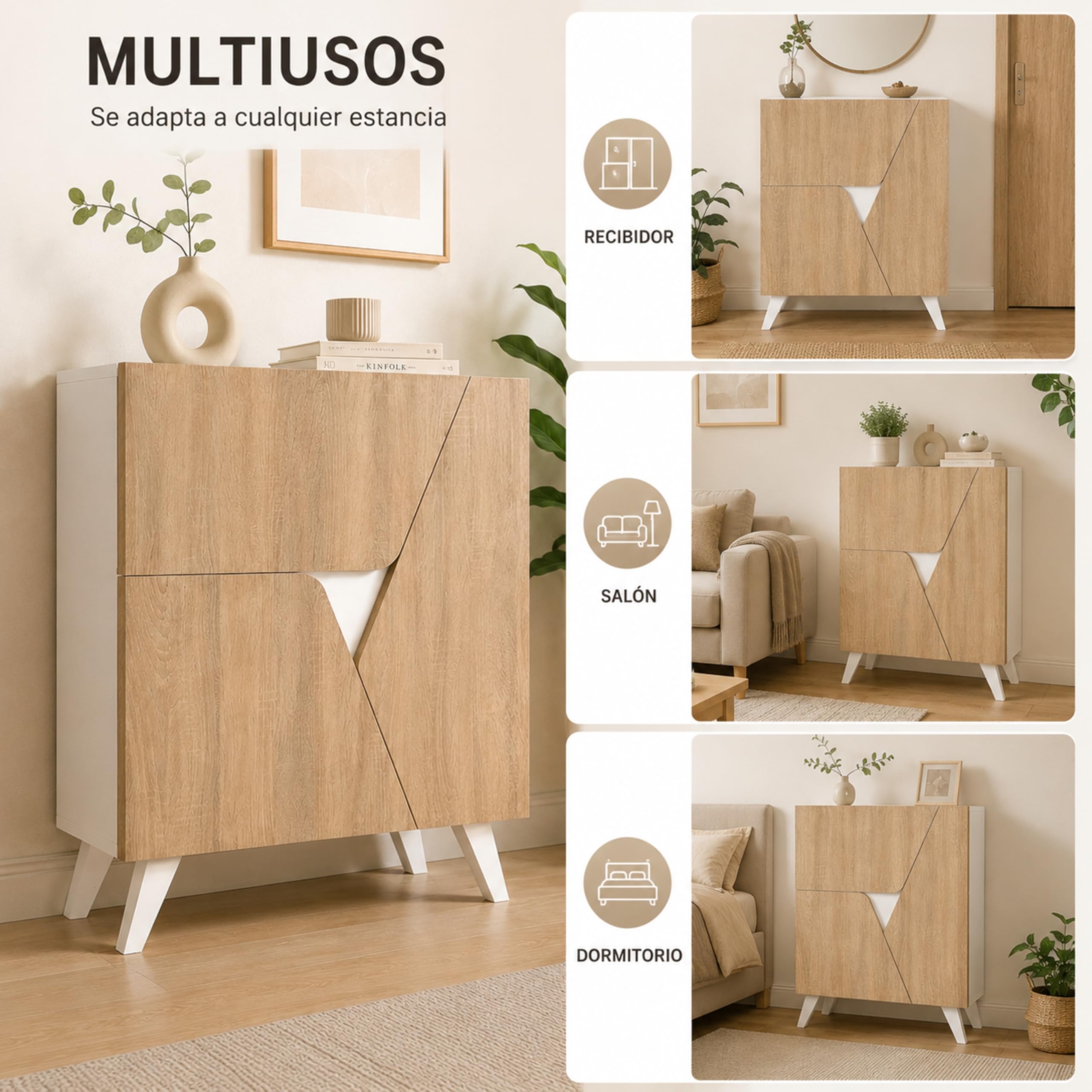 Mueble Aparador Comoda en Roble y Blanco 80 x 94 x 34 cm - Mueble Recibidor, Aparadores para Salon, Aparador Entrada Recibidor. Marte