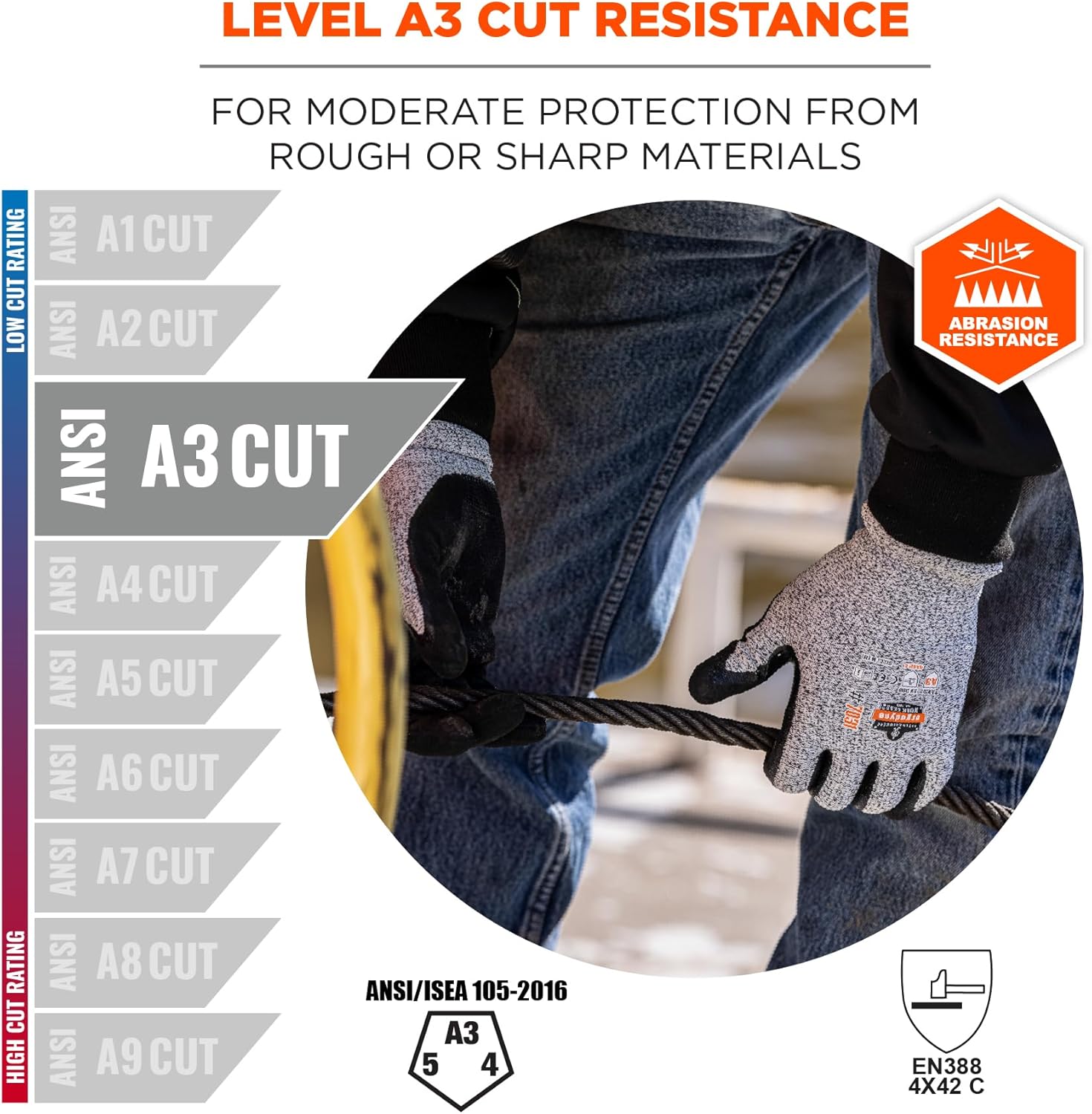 Ergodyne unisex adult Cut Resistant Work Gloves, A3, Surfaces, ANSI A3 Sandy Nitrile Coated Palms for Optimal Grip with Rough Surfaces 13g, Gray, X-Large Pack of 1 US