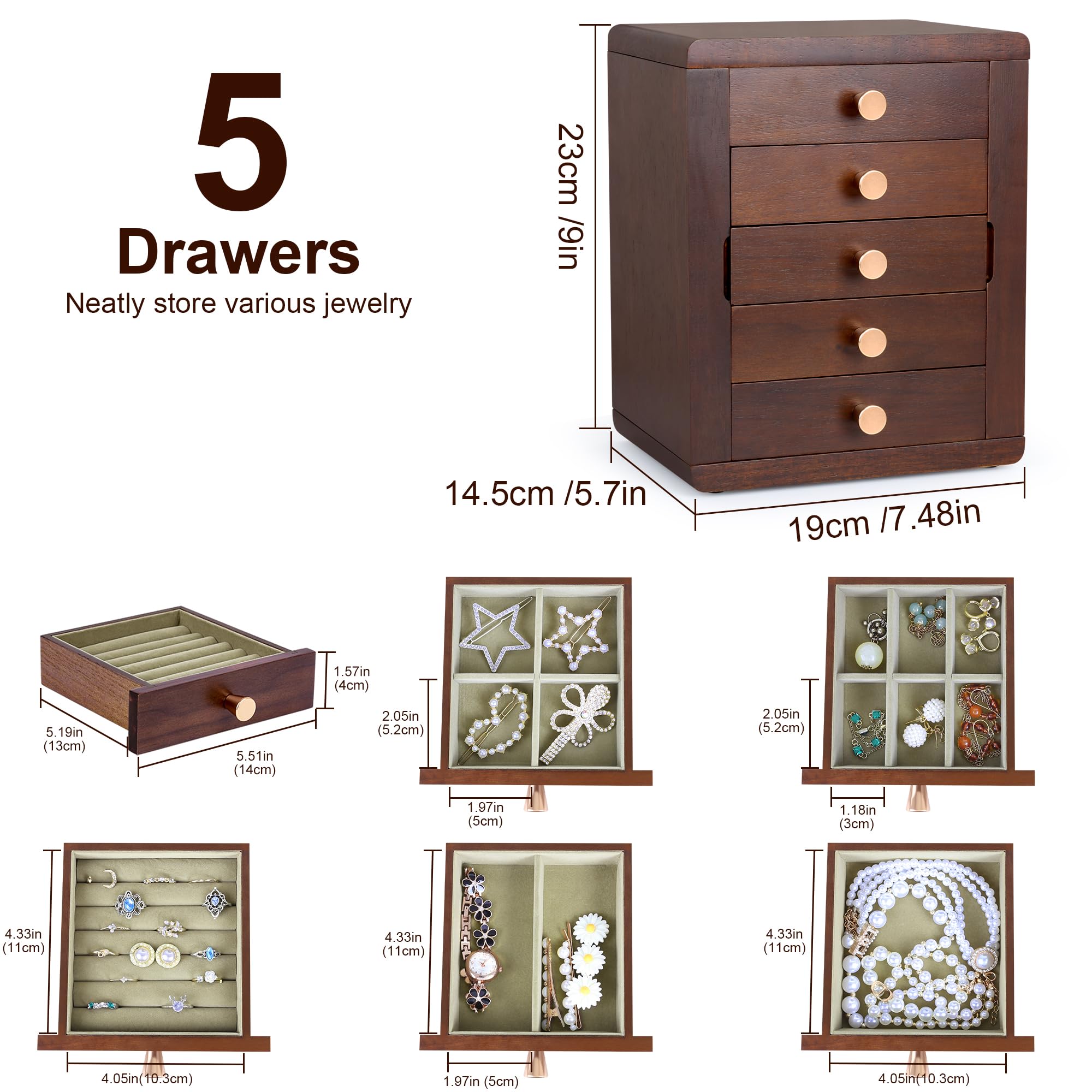 Kendal Joyero de madera para mujer, organizador de joyas de madera, caja organizadora de joyas de 5 capas con puerta lateral, organizador de joyas para aretes, collares, anillos