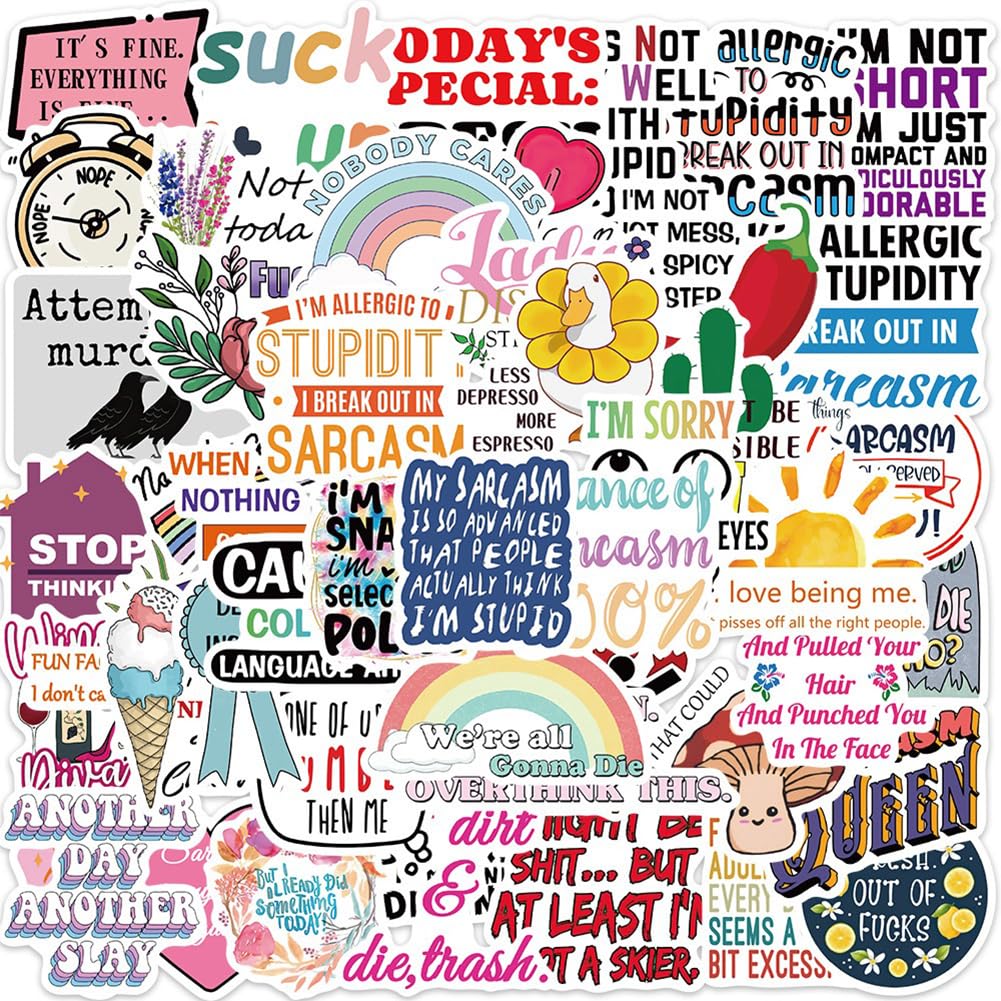 50Pcs Bitter Words Stickers Mean Words Waterproof Vinyl Decals for Adult Teen Kids Cup Water Bottles Laptop Luggage Computer Mobile Phone Guitar