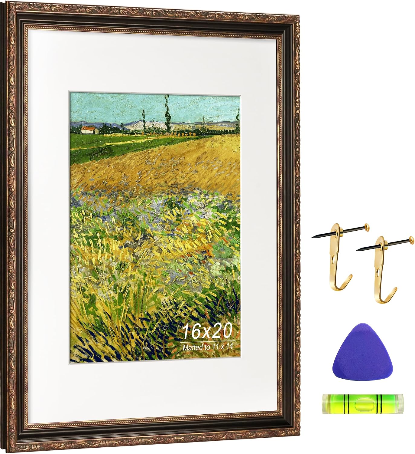 16x20 picture frame, ornate embossing frame with paper mat and plexiglass, fit for 16x20 without mat or 11x14 with mat, wall mounting display for art prints, bronze and antique gold, 2 pack 16x20, 2 pack bronze & antique gold