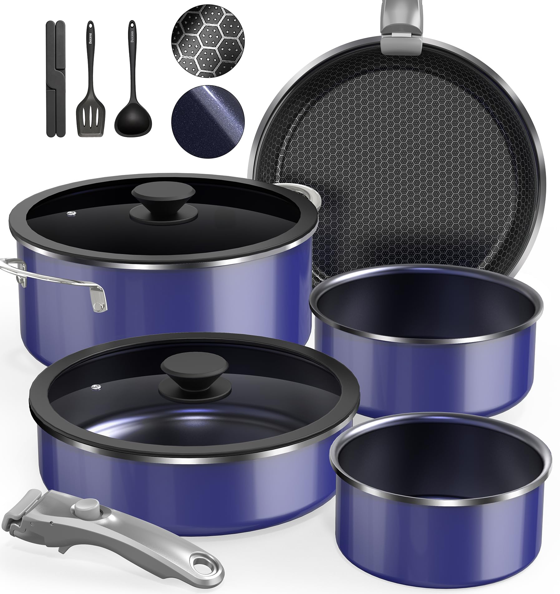 DUXANO COOKWARE DUXANO Ceramic Pots and Pans Set Non Stick, 2026 Upgraded Hybrid Frypan, 1.5&2 QT Saucepans, Oil-less Cooking, PFAS Free Non Toxic, Induction Ready, Oven & Dishwasher Safe, Removable Handle, 12PC