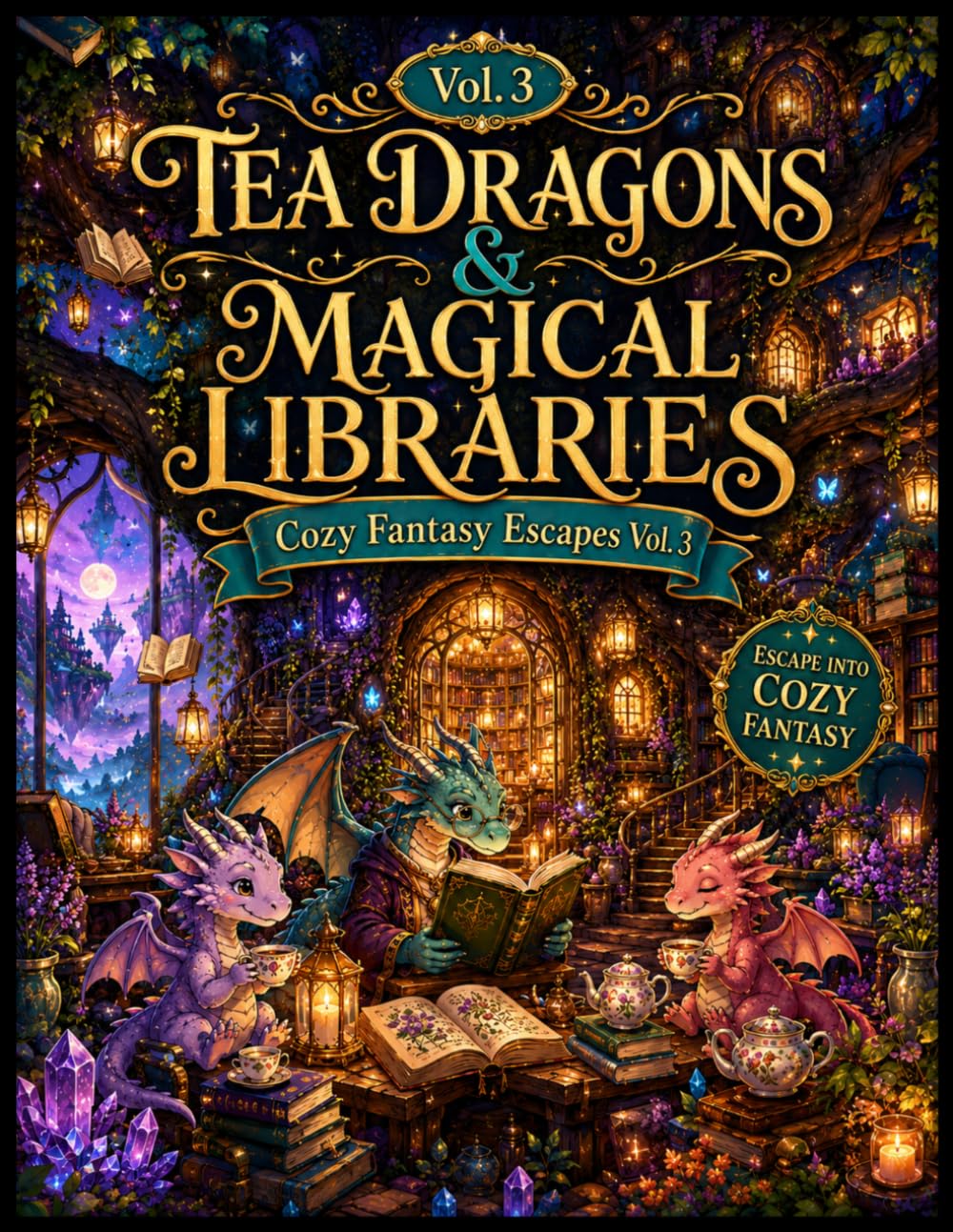 Tea Dragons & Magical Libraries: A Cozy Fantasy Coloring Book: Enchanted Bookshops, Reading Nooks, Secret Archives & Whimsical Worlds for Book Lovers (Cozy Fantasy Escapes Vol. 3)