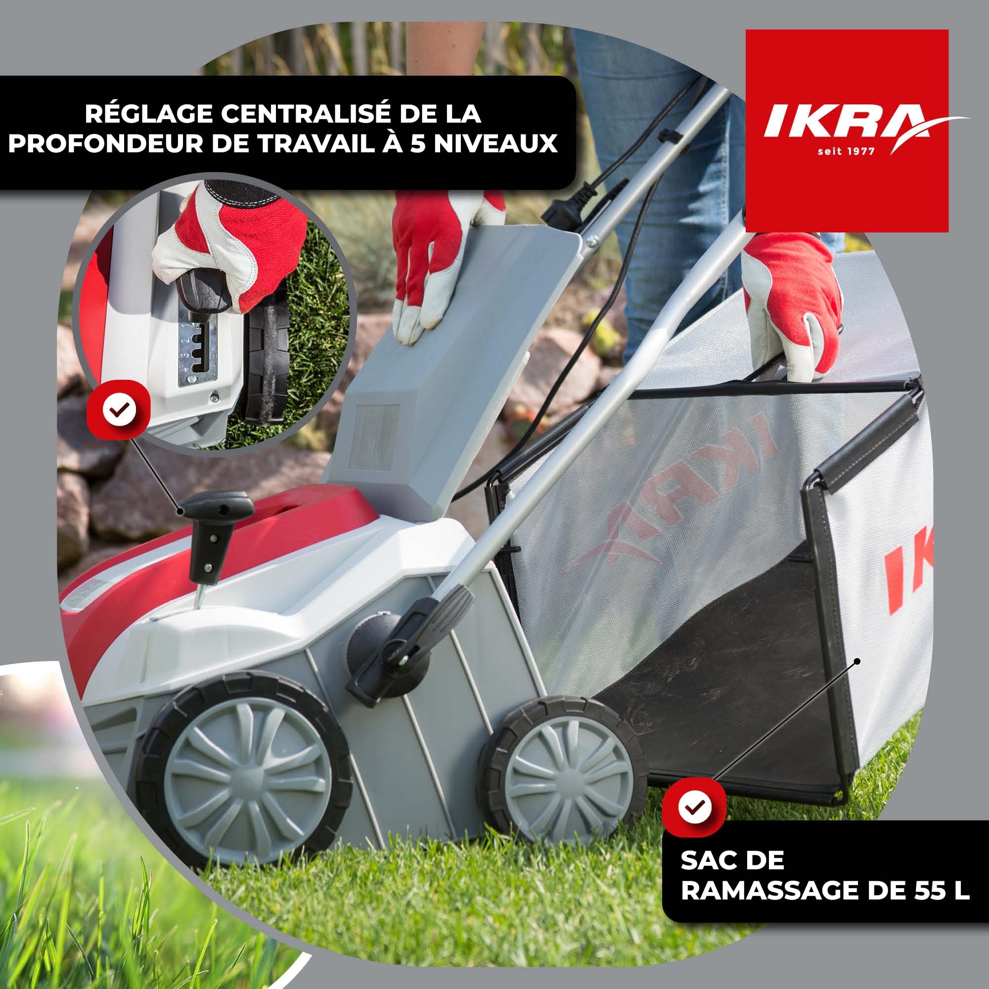 IKRA scarificateur électrique IEVL 2000, largeur de travail 40 cm, 2000 W | Bac de ramassage 55 l, profondeur de travail de +6 à –12 mm, changement de rouleau sans outil, appareil 2 en 1