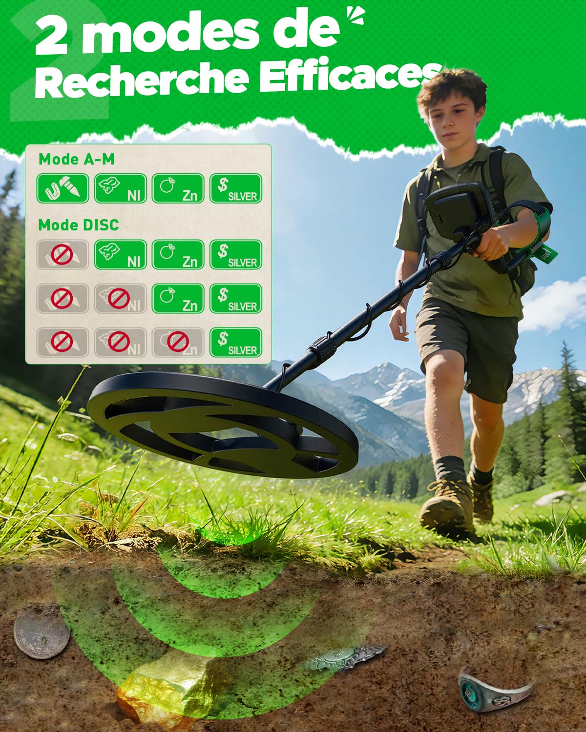 Detecteur de Metaux pour Adultes et Enfants, Haute Précision 10” Bobine Étanche, Modes Tous Métaux et Disc, Détecteur de Métaux pour Enfants et Détection d’Or pour Débutants, Juniors et Adolescents