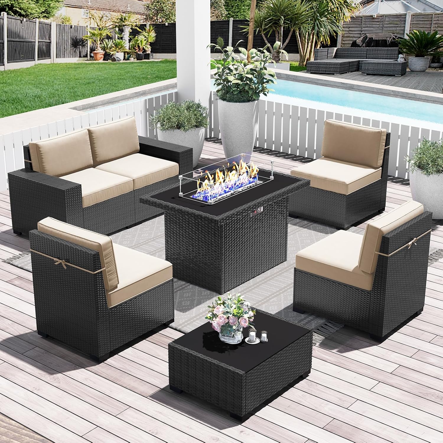 LayinSun 7 Pieces Outdoor Patio Furniture Set with 44" Fire Pit Table Rattan Sectional Sofa Conversation Sets