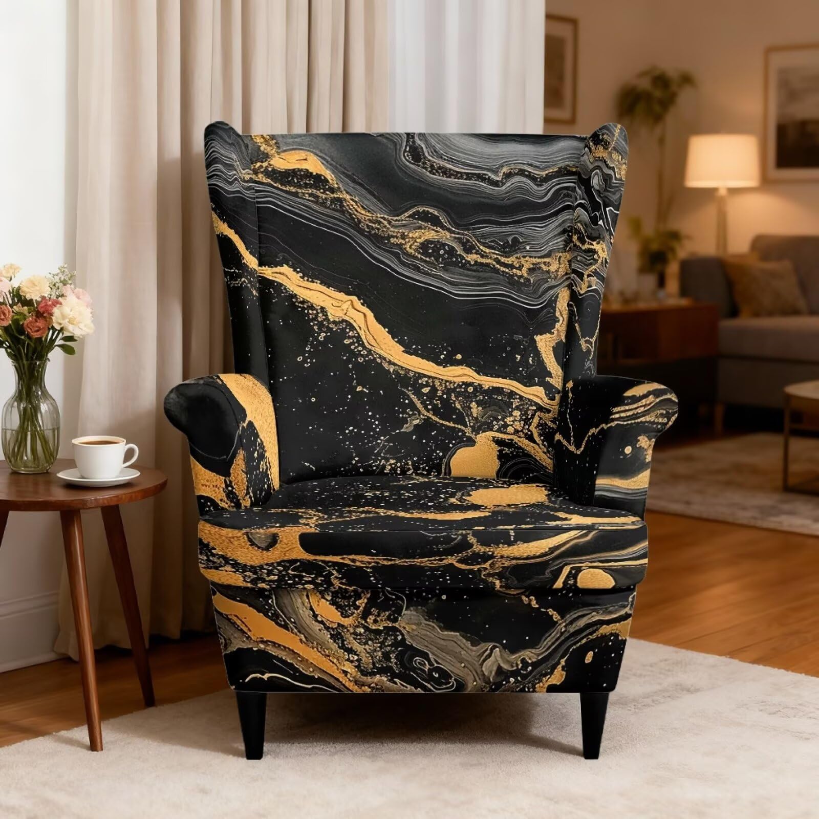 Xoenoiee Fundas elásticas para sillas con respaldo de alas con estampado de mármol negro, 2 piezas, funda lavable para sillones, protector de muebles antideslizante para sala de estar