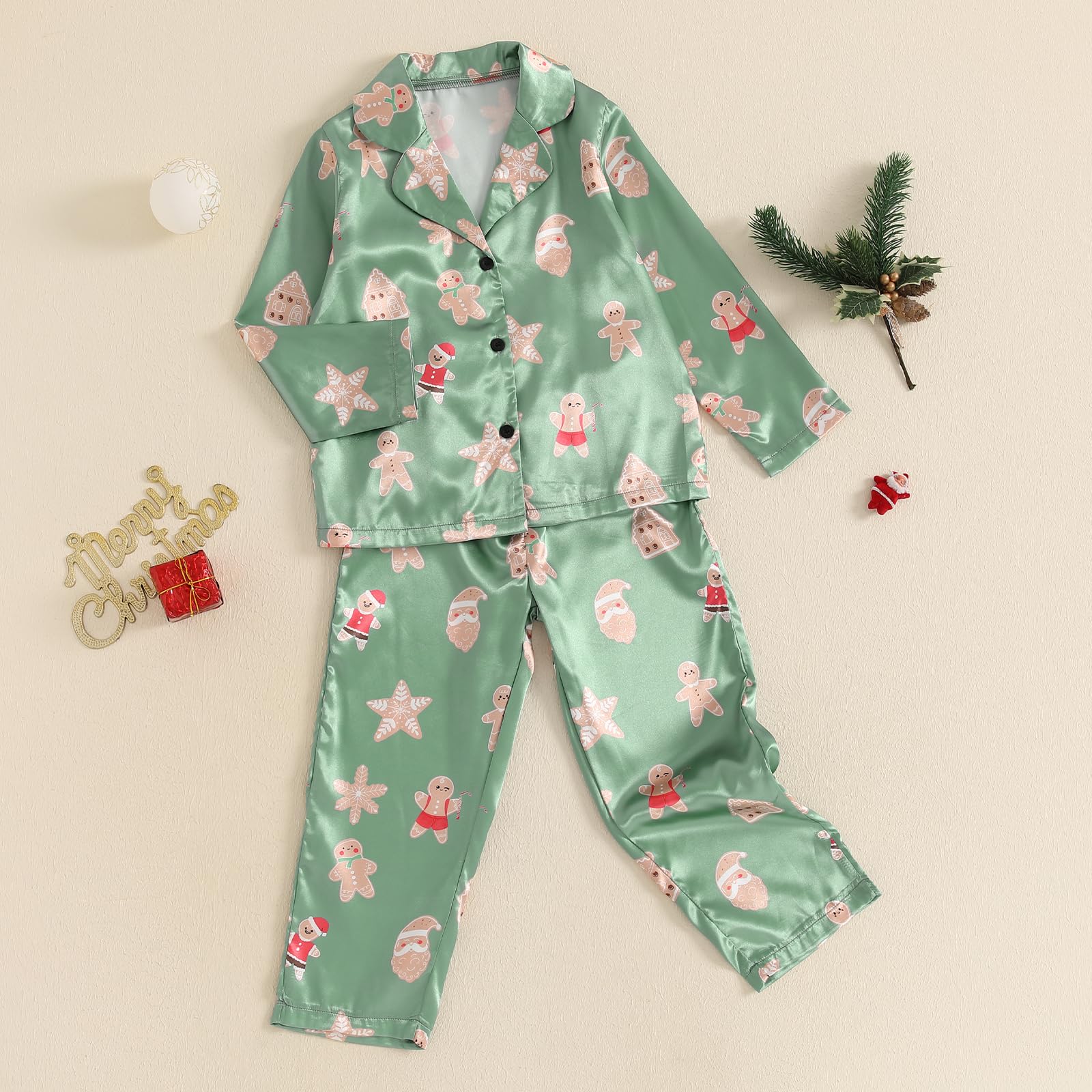 Fsadfeas Kids Girls Pajamas Baby Short/Long Sleeve Santa Claus Button Down Top Pants Satin Silk Halloween Christmas Pajamas (Gingerbread Man Green, 2-3 Years)