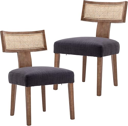 Juego de 2 sillas de comedor de ratán de granja, sillas de comedor tapizadas de lino con respaldo curvado y patas de madera natural, sillas de