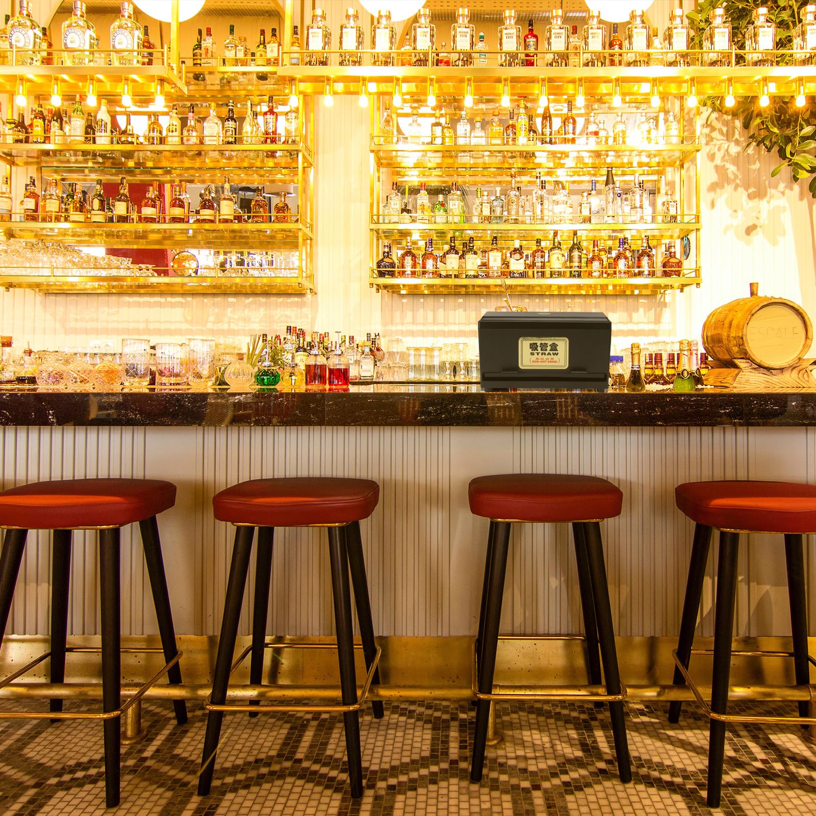 NUOBESTY Boîte à Pailles Grosse Taille Noire Distributeur de Pailles pour Restaurant Conteneur de Rangement Base Antidérapante et Sortie Réglable Épaisses et Fines Usage Professionnel