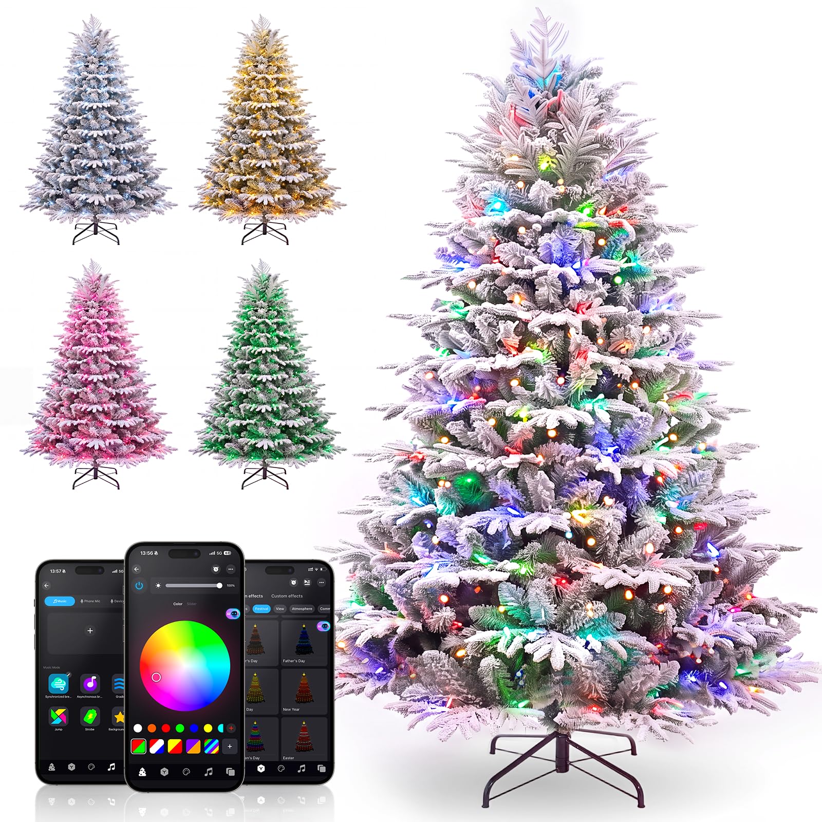 6ft Flocked Christmas Tree with light, RGB+W+C Smart Prelit Christmas Tree | Christmas Tr…