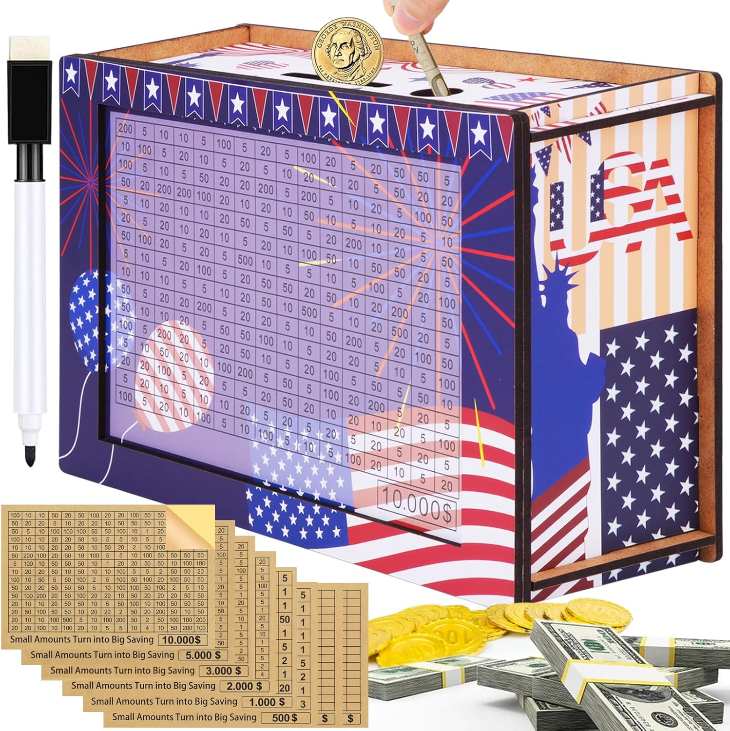 $10000 Cash Vault Wooden Savings Box,Wooden Savings Box with Money Target & Numbers,Patriotic Cash Saver Box, Reusable Coin Counter Piggy Bank 10K Patriotic $10000