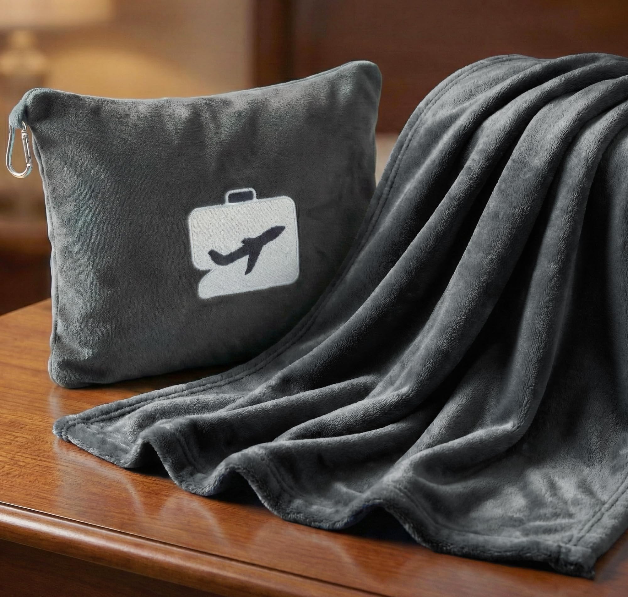 VAS COLLECTIONS Travel Pillow Blanket 2-in-1, Ultra Soft Flannel Blanket with Carry Case, 65x40 Inches, Compact Portable Travel Blanket for Flights, Camping and Travel Comfort (Black Grey)-image-18
