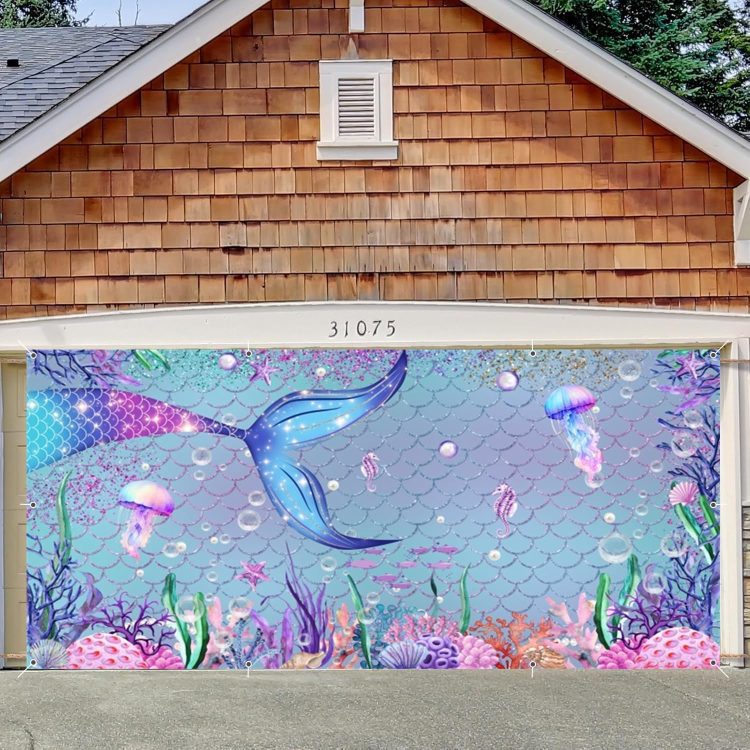 Under The Sea Garage Door Cover Banner Decorations Backdrop 7x16ft Large Mermaid Jellyfish Coral Blue Ocean Scales Garage Door Cover Kids Birthday Party Baby Shower Camping Garage Door Decorations