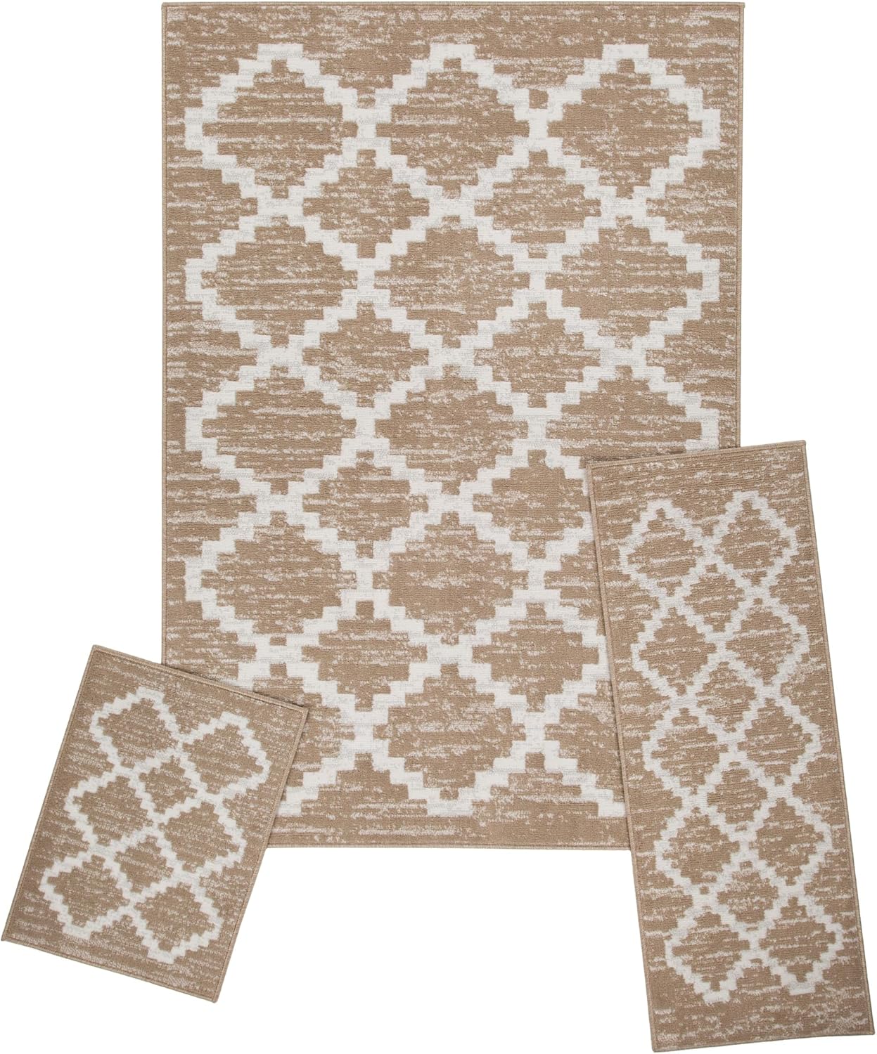 ACHIM 3-Piece Indoor Area Rug Set - Non-Slip Rug Set Includes Large Area Rug with Hallway Runner & Door Mat - Living Room, Bedroom, Kitchen & Entryway Rugs - Landon Tan Home Decor