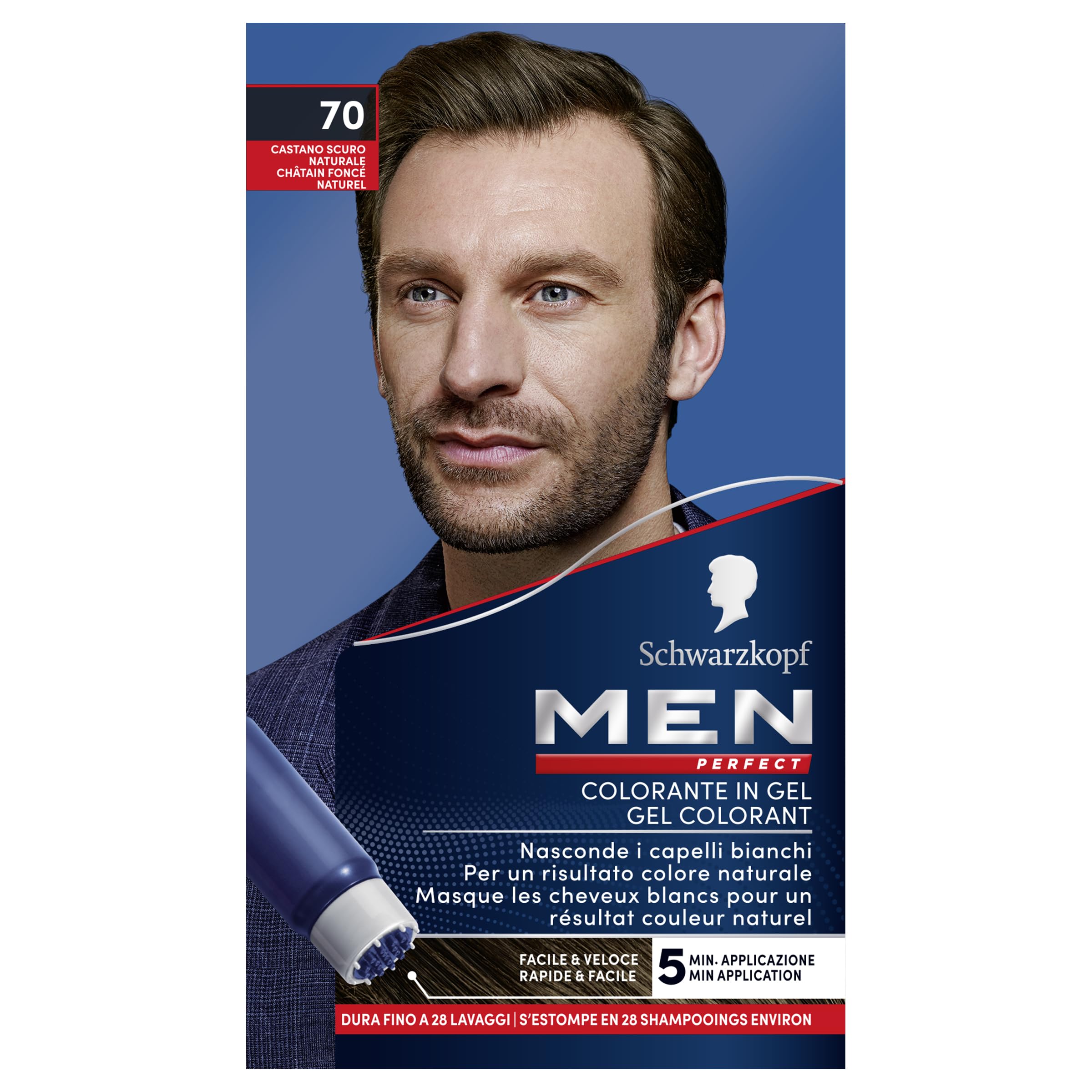 Men Perfect - Schwarzkopf - Gel Colorant Anti-Cheveux Blancs Homme - Coloration Cheveux Homme - Résultat Naturel – Application rapide et facile - Sans Ammoniaque -Châtain Foncé Naturel 70