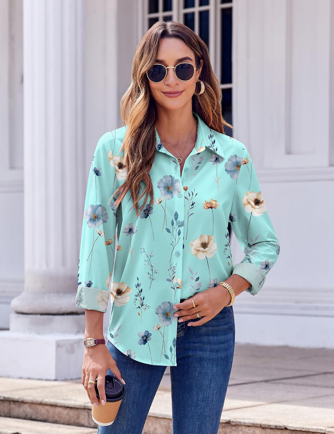 Zeagoo Button Down Shirts for Women Dressy Floral Printed Long Sleeve Blouse Business Casual Work Tops - Image 4