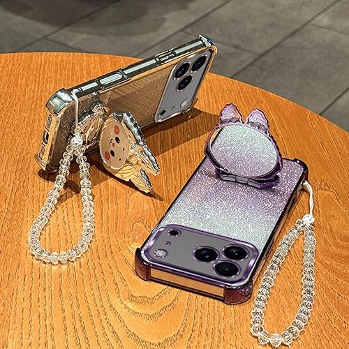 Miniatura 6 de Funda para iPhone 15 Pro Max con soporte de espejo de conejo, 15 Pro Max, funda para teléfono con purpurina femenina de TPU suave para iPhone 15 Pro