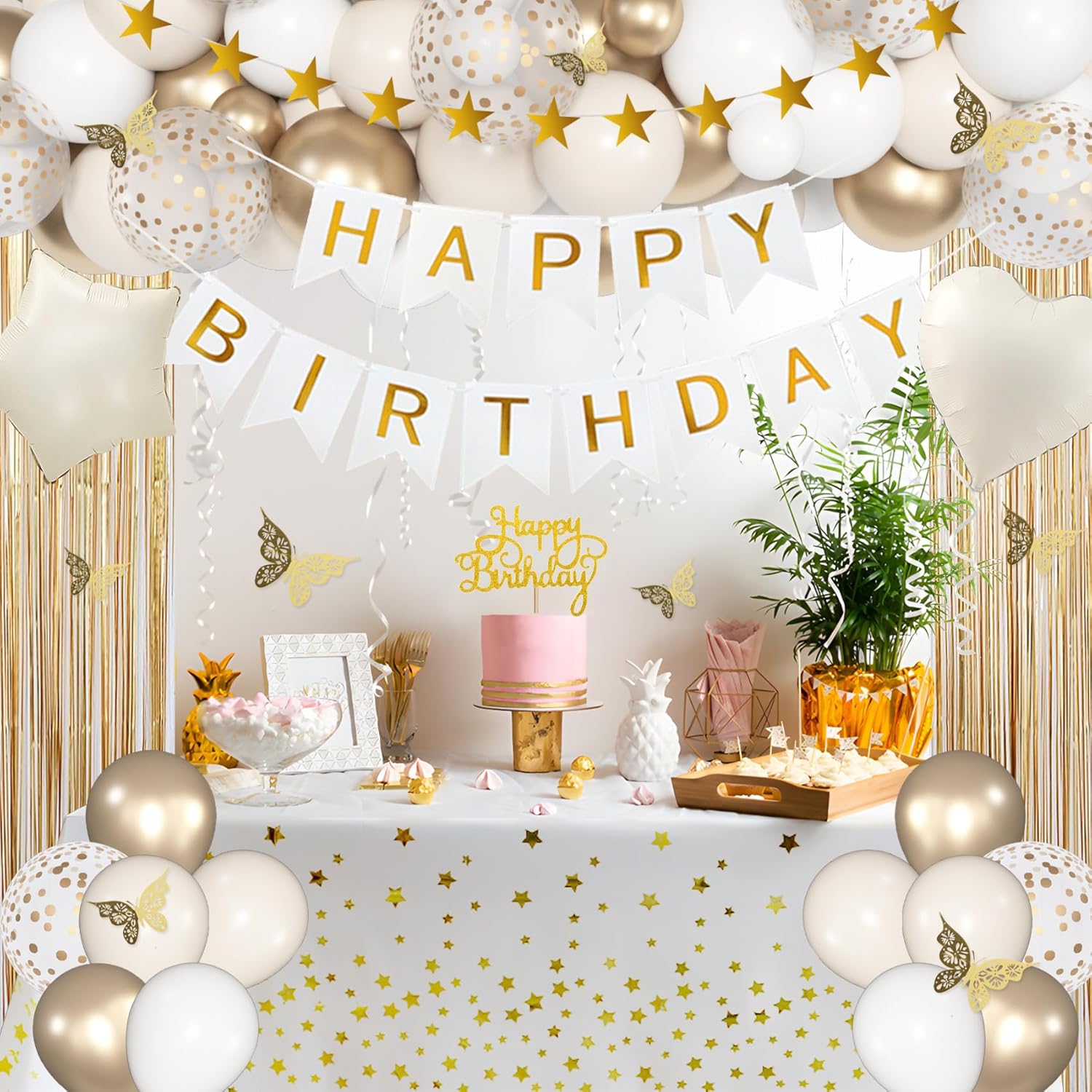 Birthday Decorations for Women, White Sand Beige Cream Neutral Gold Foil Balloons Table Cloth Sash Crown Curtains Happy Birthday Banner Golden Star Garland Butterfly Boho Party Supplies - Image 7