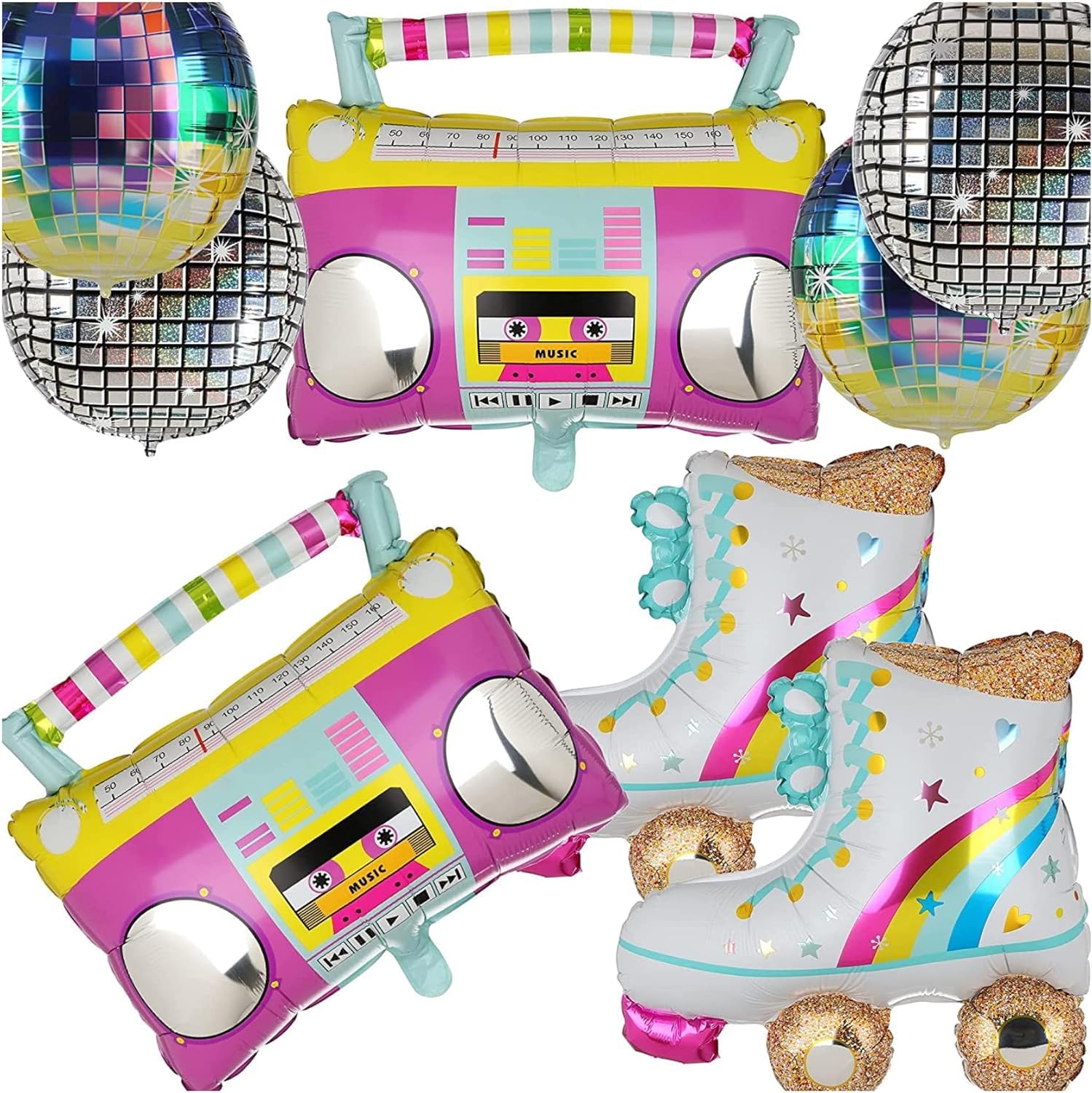 TMOHRA Roller Skate Balloon Boom Box 80s 90s 22 Inch Disco Foil Balloons 80s 90s Rainbow Retro Party Balloon for Party Decorations Wedding Anniversary Hip Hop Theme Party Supplies (6 PCS)