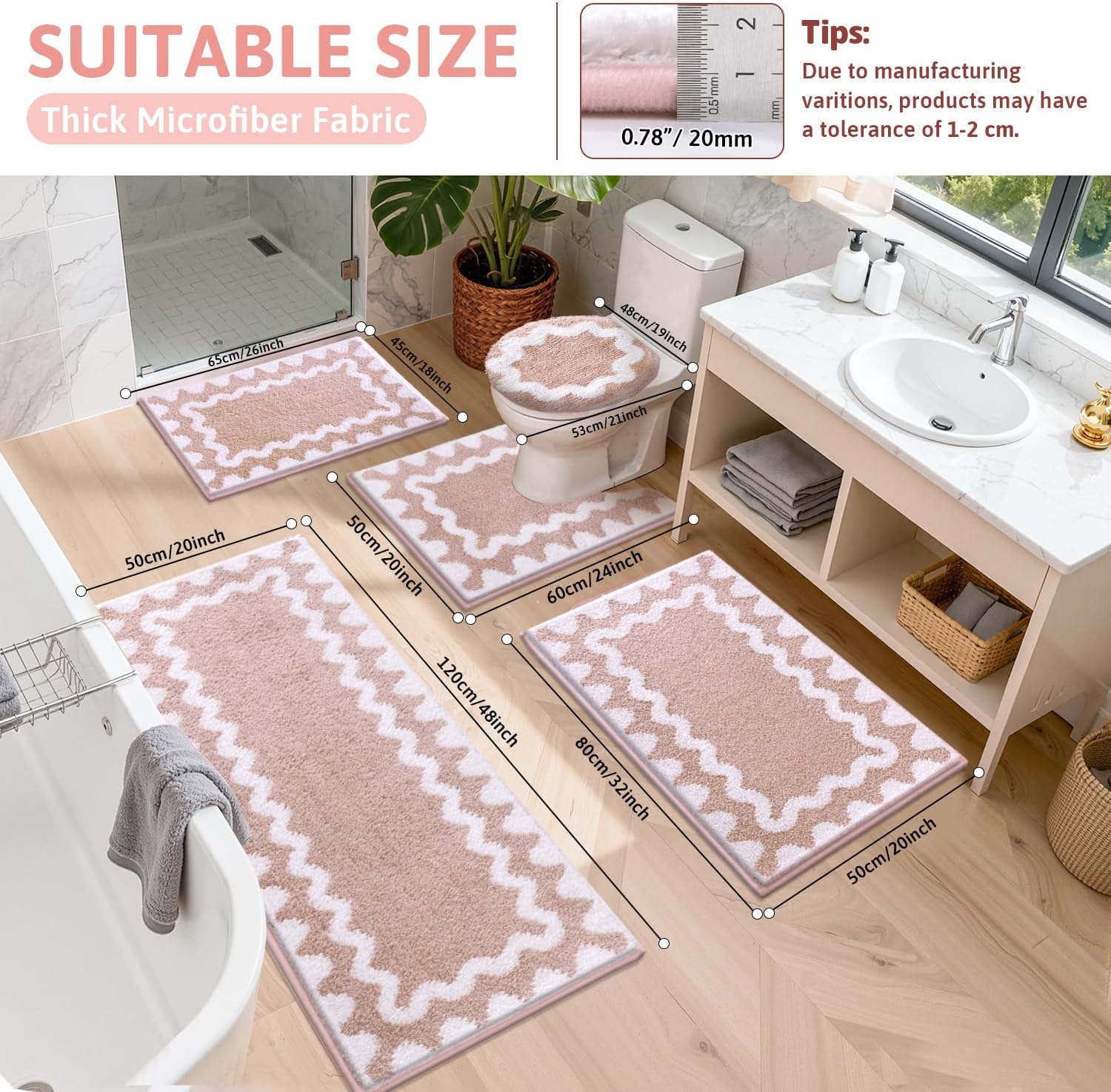 Findosom Bathroom Rugs Sets 5 Piece, Absorbent Soft Non-Slip Washable Microfiber Shaggy Bath Mat Set with Bathroom Runner Rug, U-Shaped Toilet Rugs, Shower Rug & Toilet Lid Cover, Pink-White - Image 3