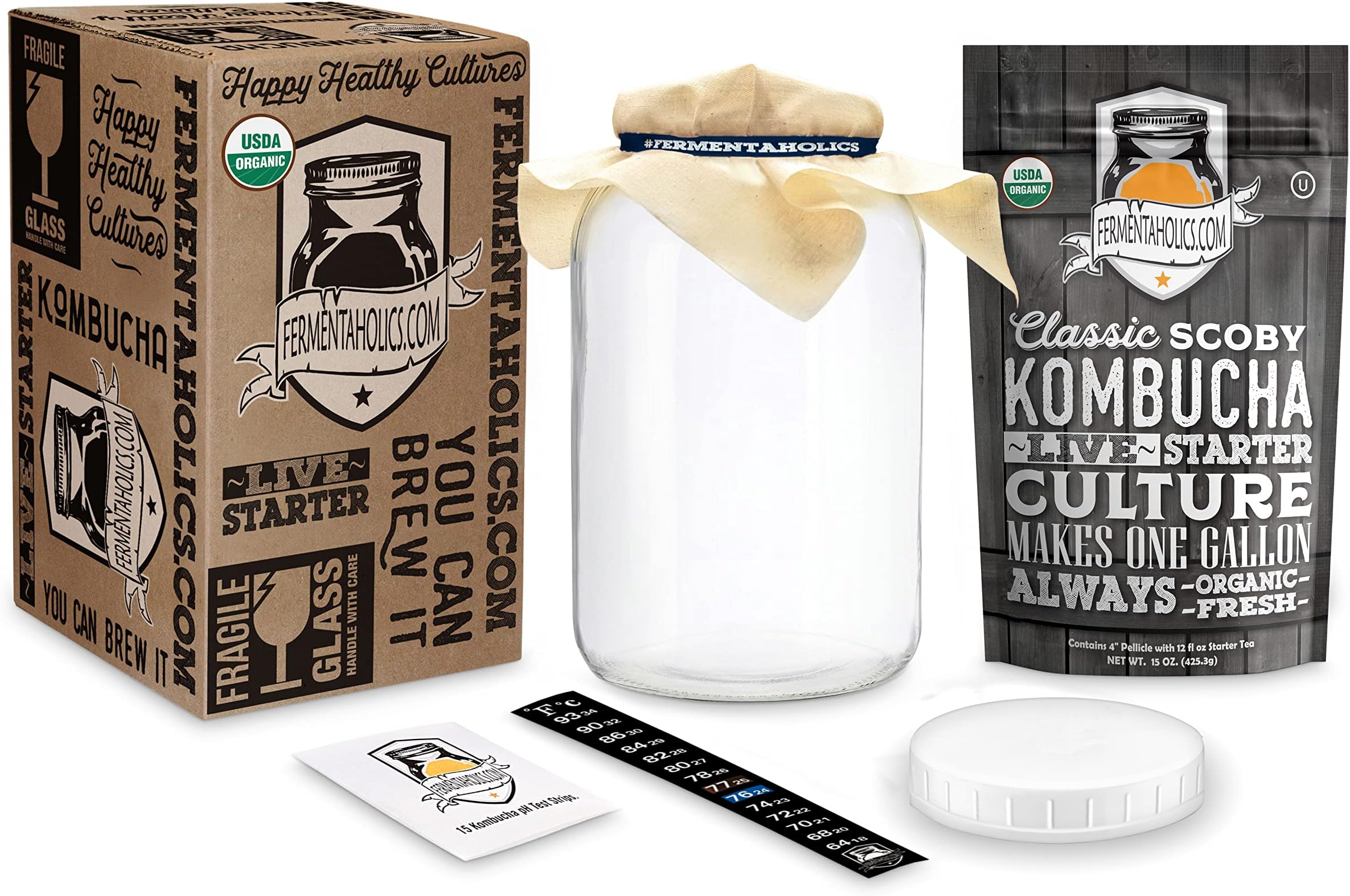Fermentaholics CERTIFIED ORGANIC Kombucha Essentials Kit-Scoby (Starter Culture) + 1-Gallon Glass Fermenting Jar With Breathable Cover + Rubber Band + Adhesive Thermometer-Brew Kombucha At Home-Detailed Instructions Included Tan